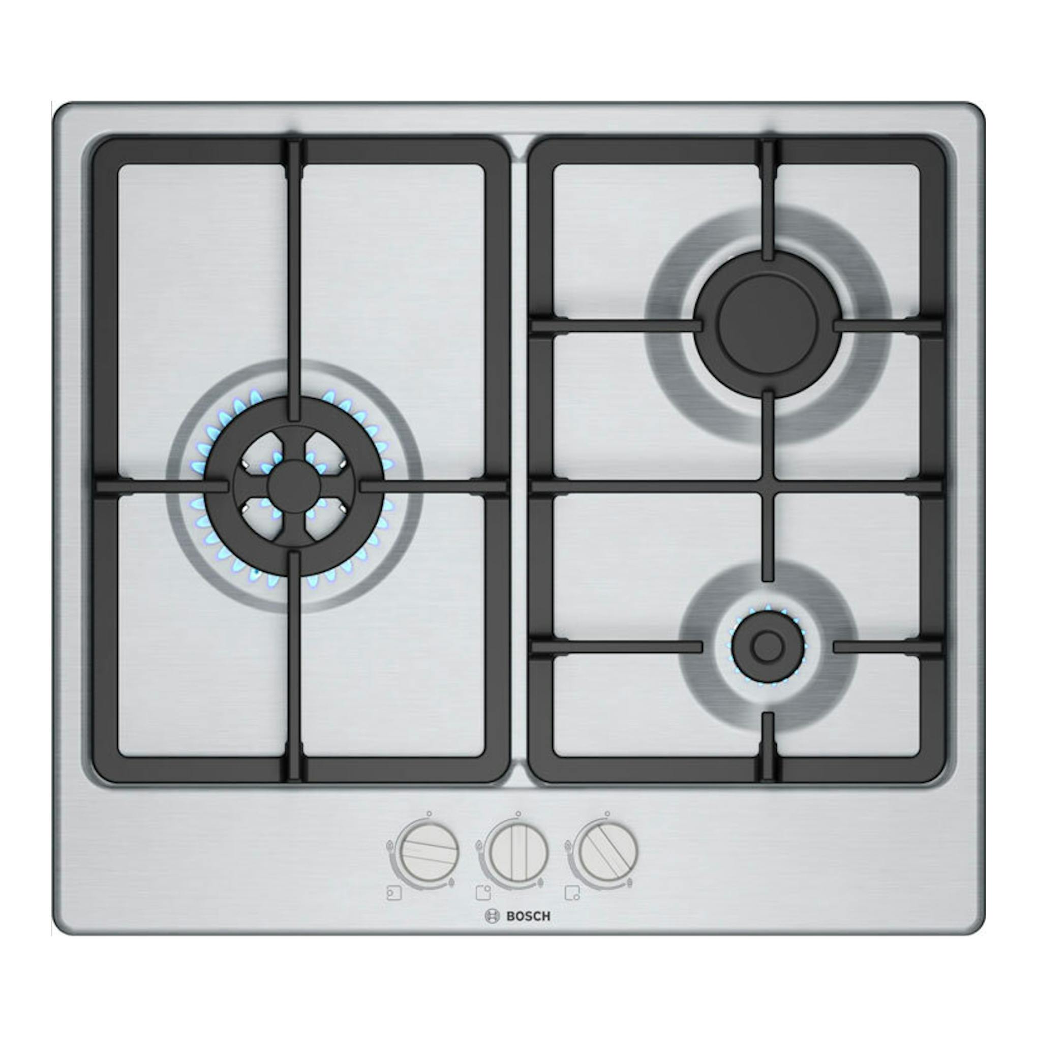 Placa de gas Bosch PGC6B5K90 de acero inoxidable, vista superior, 4 fuegos, 60 cm.