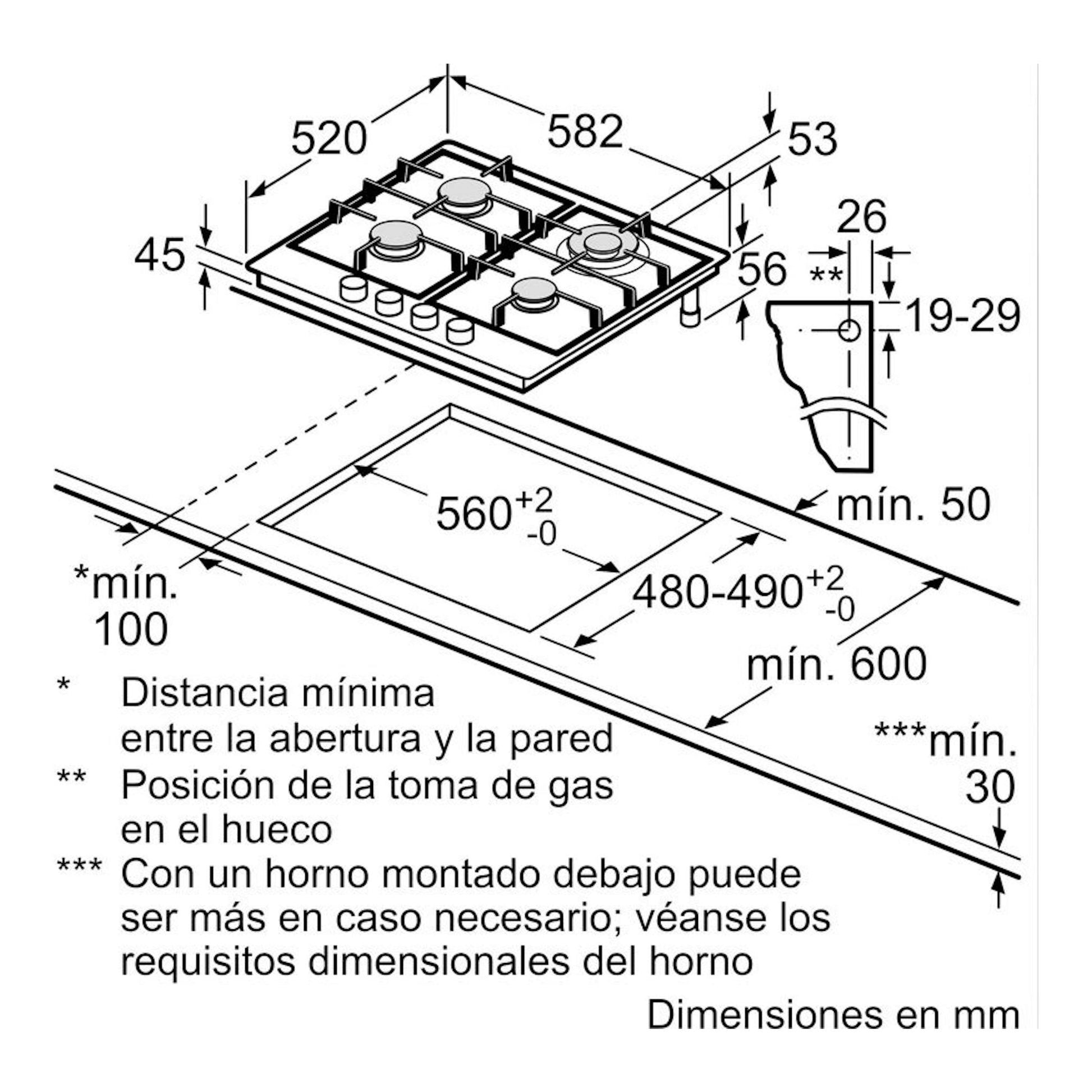 Bosch PGH6B5K90, esquema de instalación de placa de gas negra de 60 cm con medidas en mm.