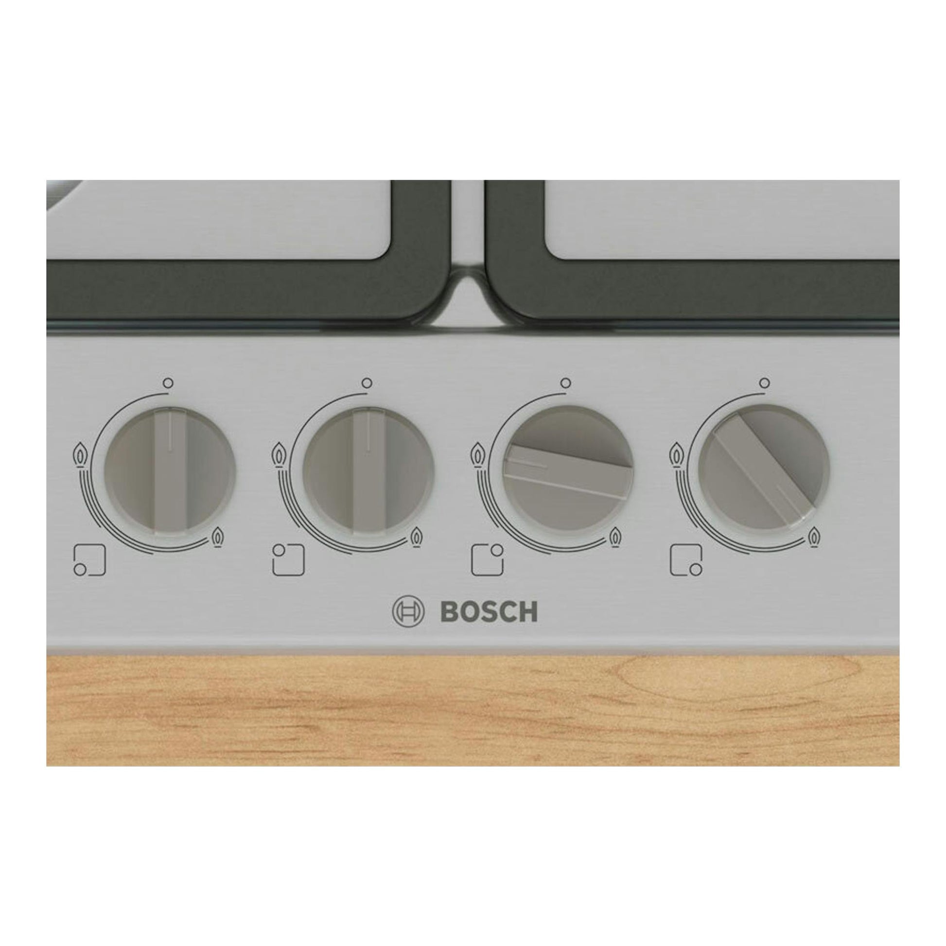 Placa de gas Bosch PGH6B5K90 en acero inoxidable, vista frontal de los mandos.