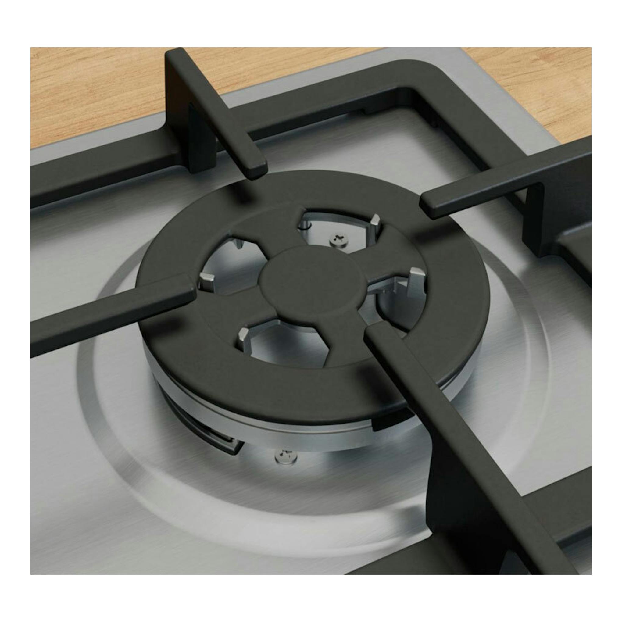 Placa de gas Bosch PGH6B5K90 de acero inoxidable, vista en primer plano de un quemador negro.
