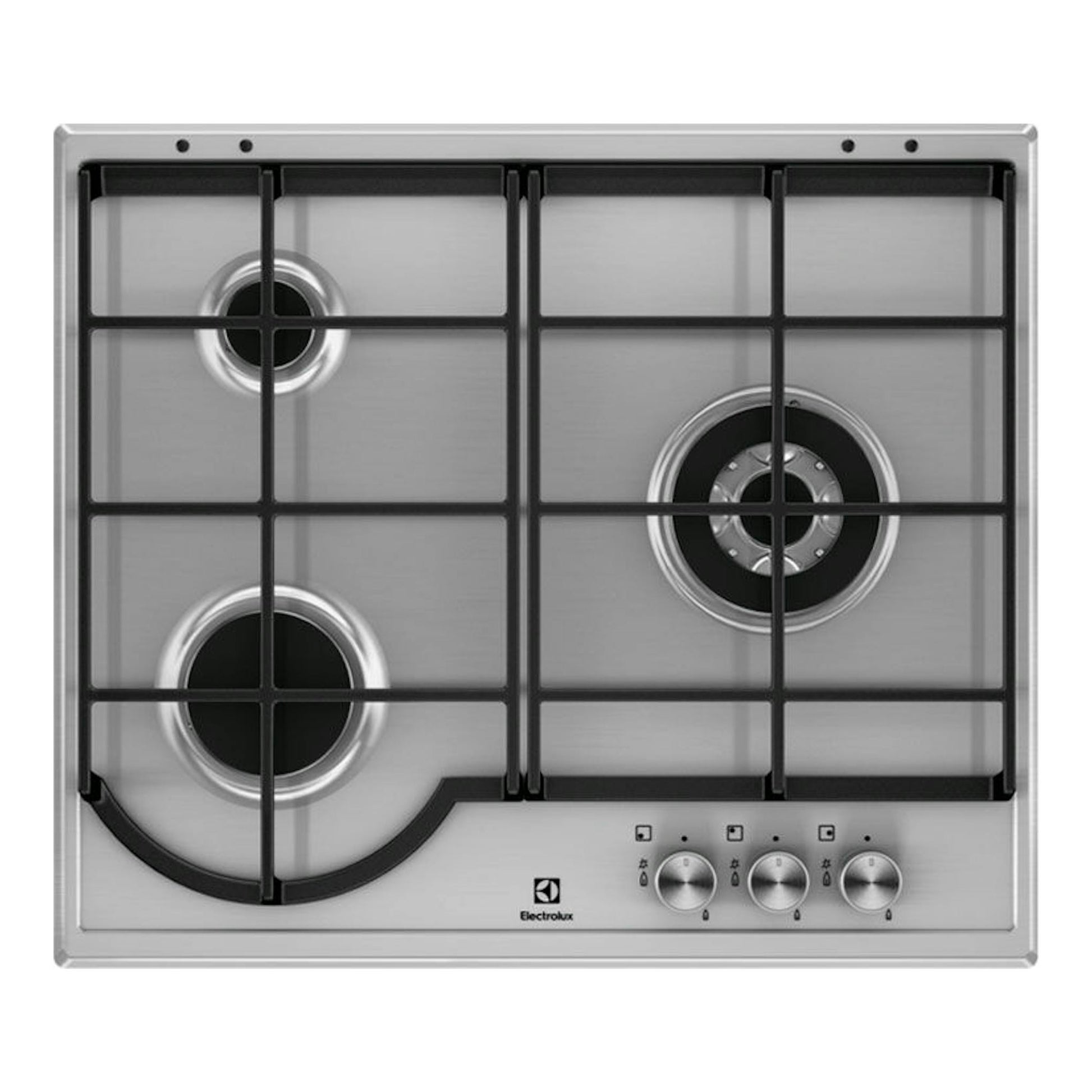 Placa de gas Electrolux EGH6333BOX en acero inoxidable, vista superior, con 4 fuegos, rejillas negras y 3 mandos.