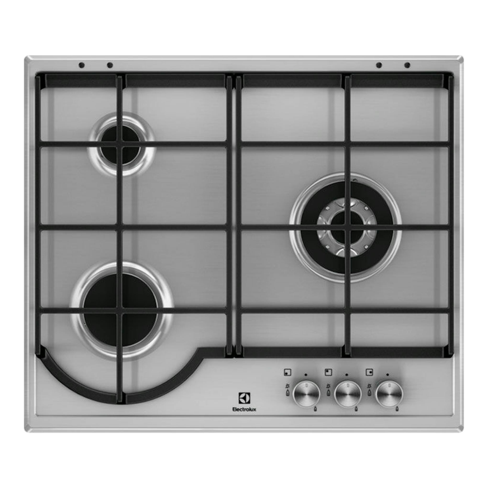 Placa de gas Electrolux EGH6333BOX en acero inoxidable, vista superior, con 4 fuegos, rejillas negras y 3 mandos.