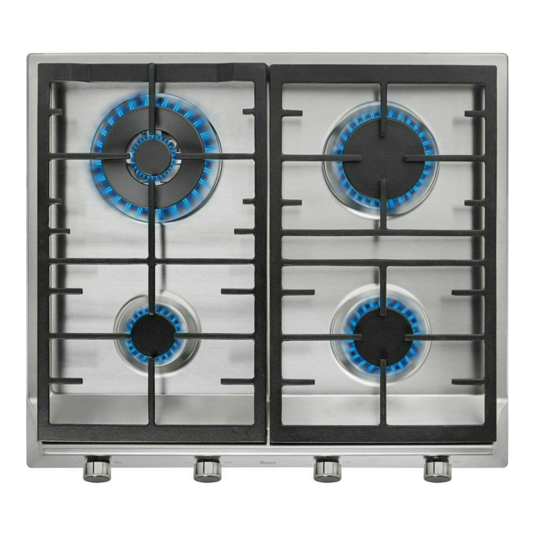 Teka EX 60.1 4G AI AL DR CI NAT: placa de gas inox, vista frontal, 4 fuegos con parrillas negras.