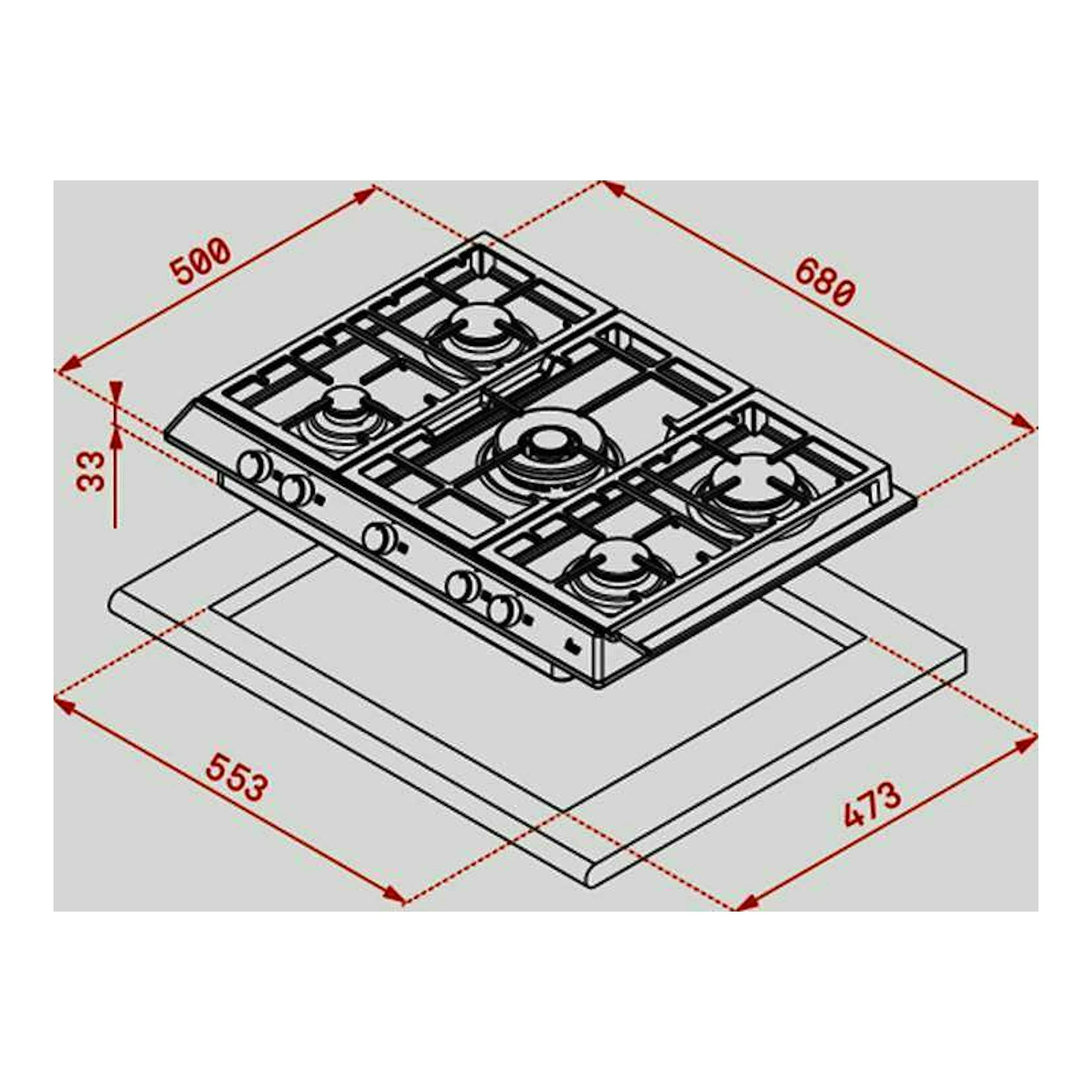 Placa de gas Teka EX 70.1 5G, vista isométrica, acero inoxidable, 5 quemadores y medidas de instalación.