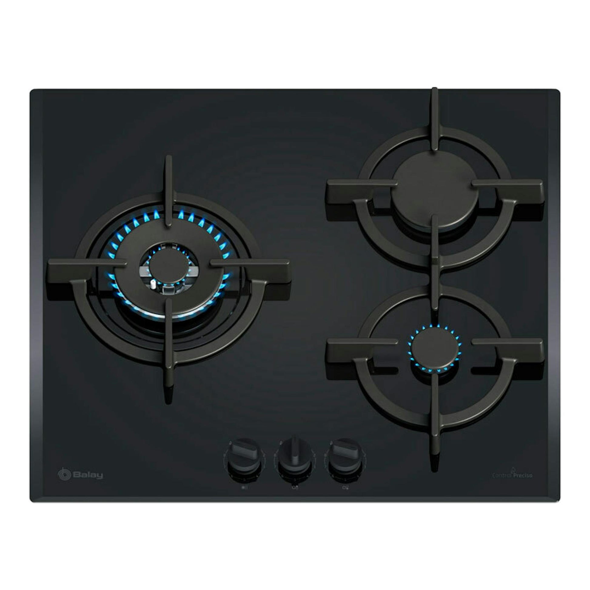 Placa de gas Balay 3ETG663RB negra, vista frontal, con tres quemadores y tres mandos.