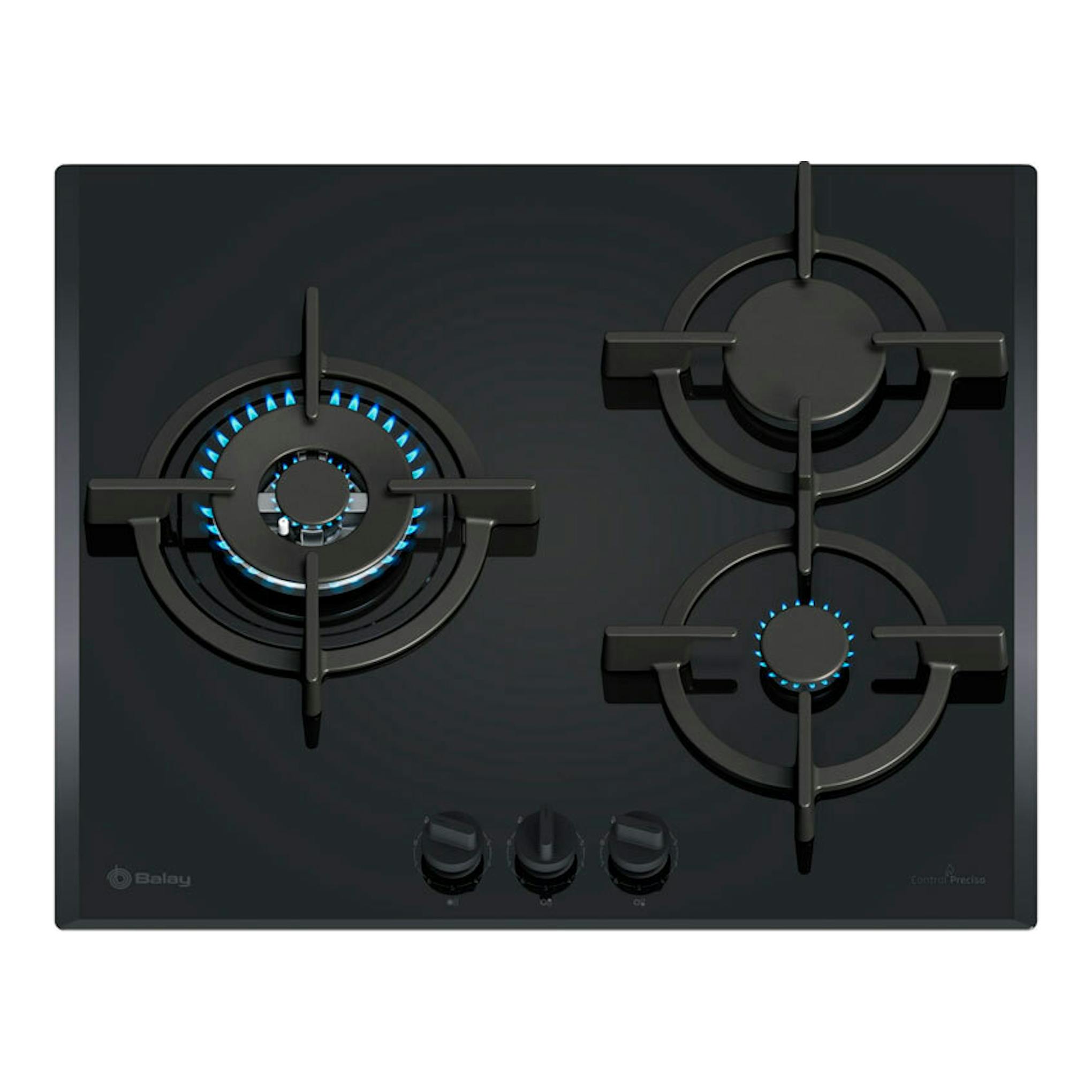 Placa de gas Balay 3ETG663RB negra, vista frontal, con tres quemadores y tres mandos.