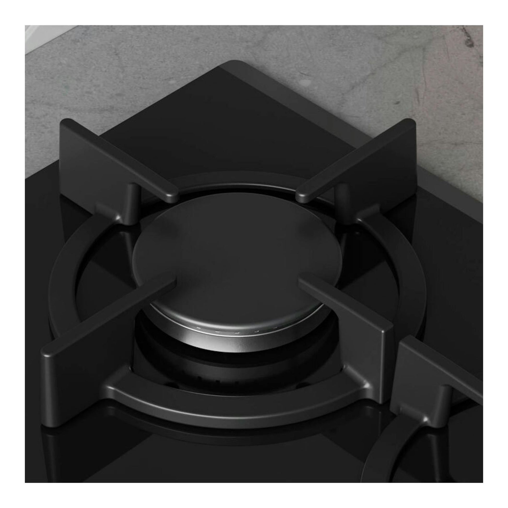 Placa de gas Balay 3ETG663RB en cristal negro, vista en primer plano del quemador y las parrillas.