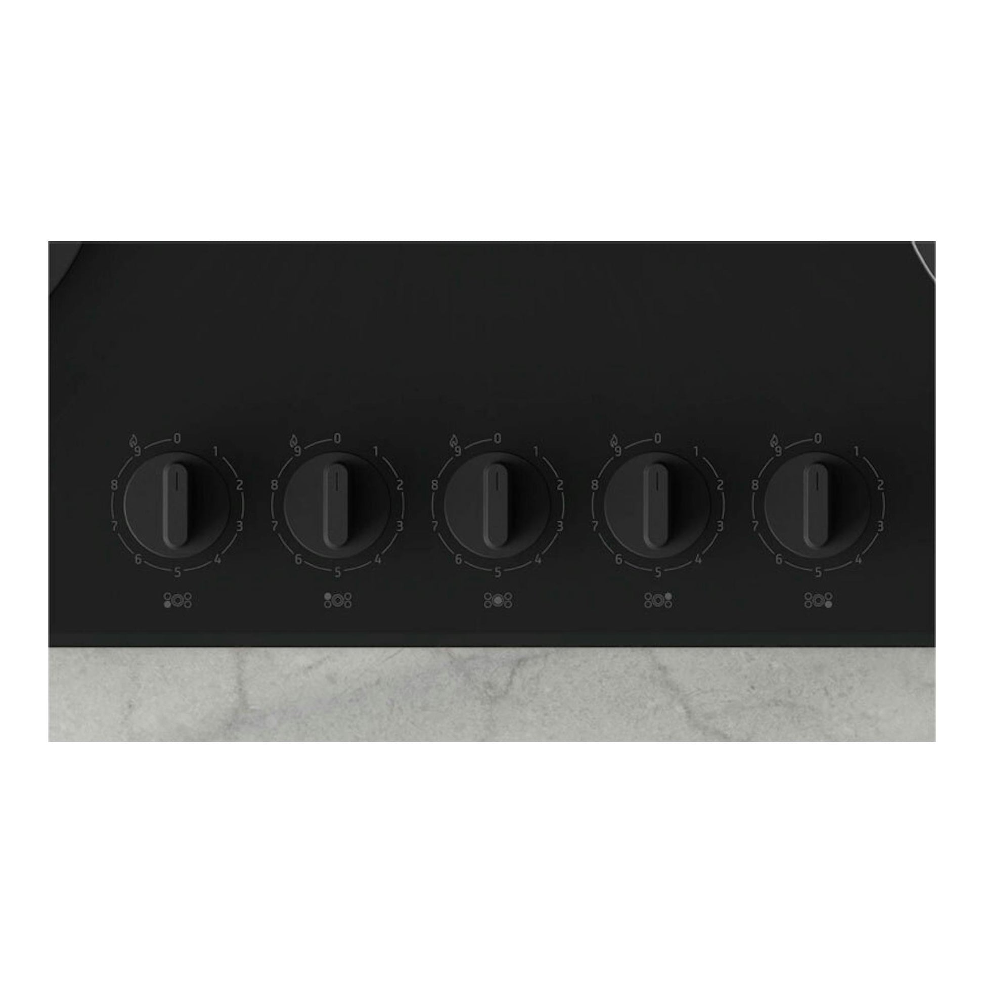 Placa de cristal negra Balay 3ETG676RB, vista frontal, con cinco mandos giratorios.