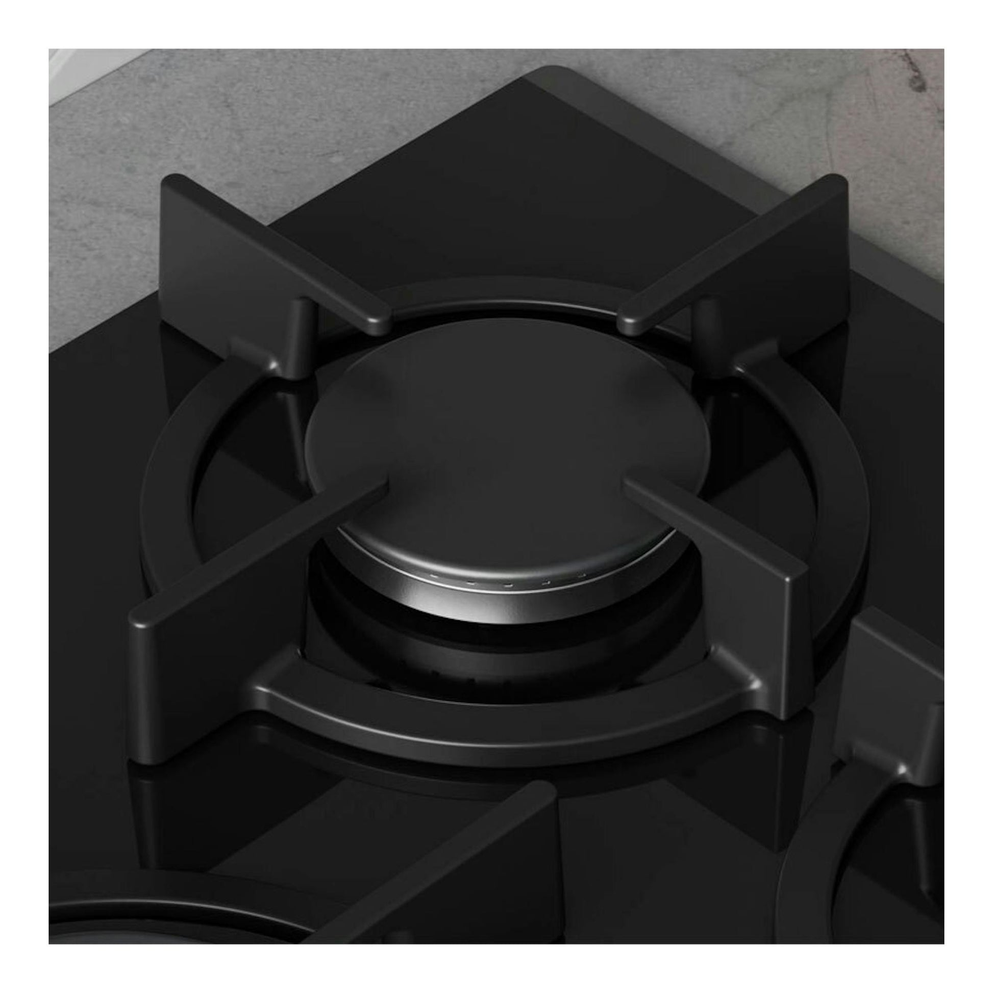 Placa de gas Balay 3ETG676RB de cristal negro, vista en primer plano de un quemador.