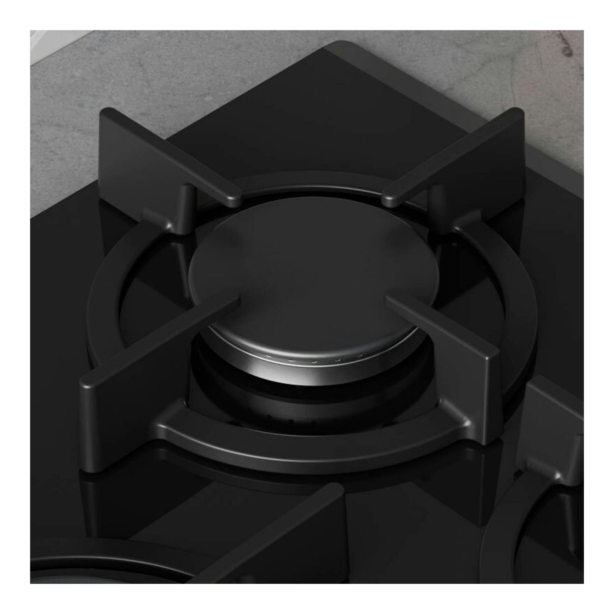 Placa de gas Balay 3ETG676RB de cristal negro, vista en primer plano de un quemador.