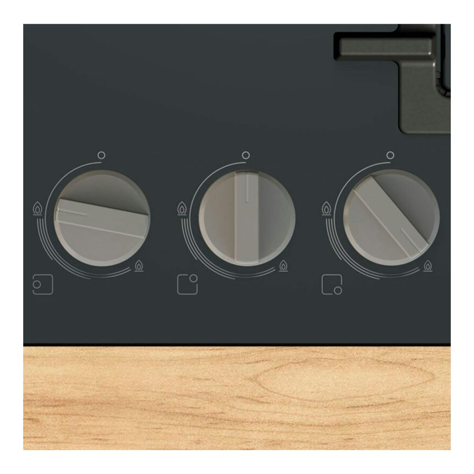 Placa Bosch PNC6B6K40 de 60 cm, negra, vista frontal con tres mandos circulares.