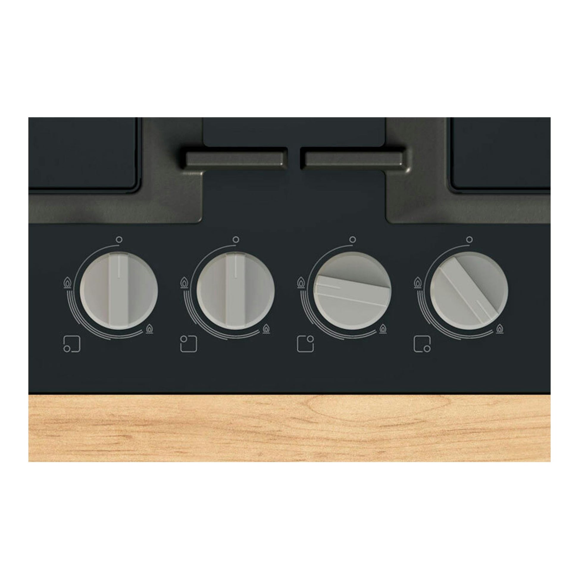 Bosch PNP6B6K40: vista frontal de placa de gas negra con cuatro mandos plateados.