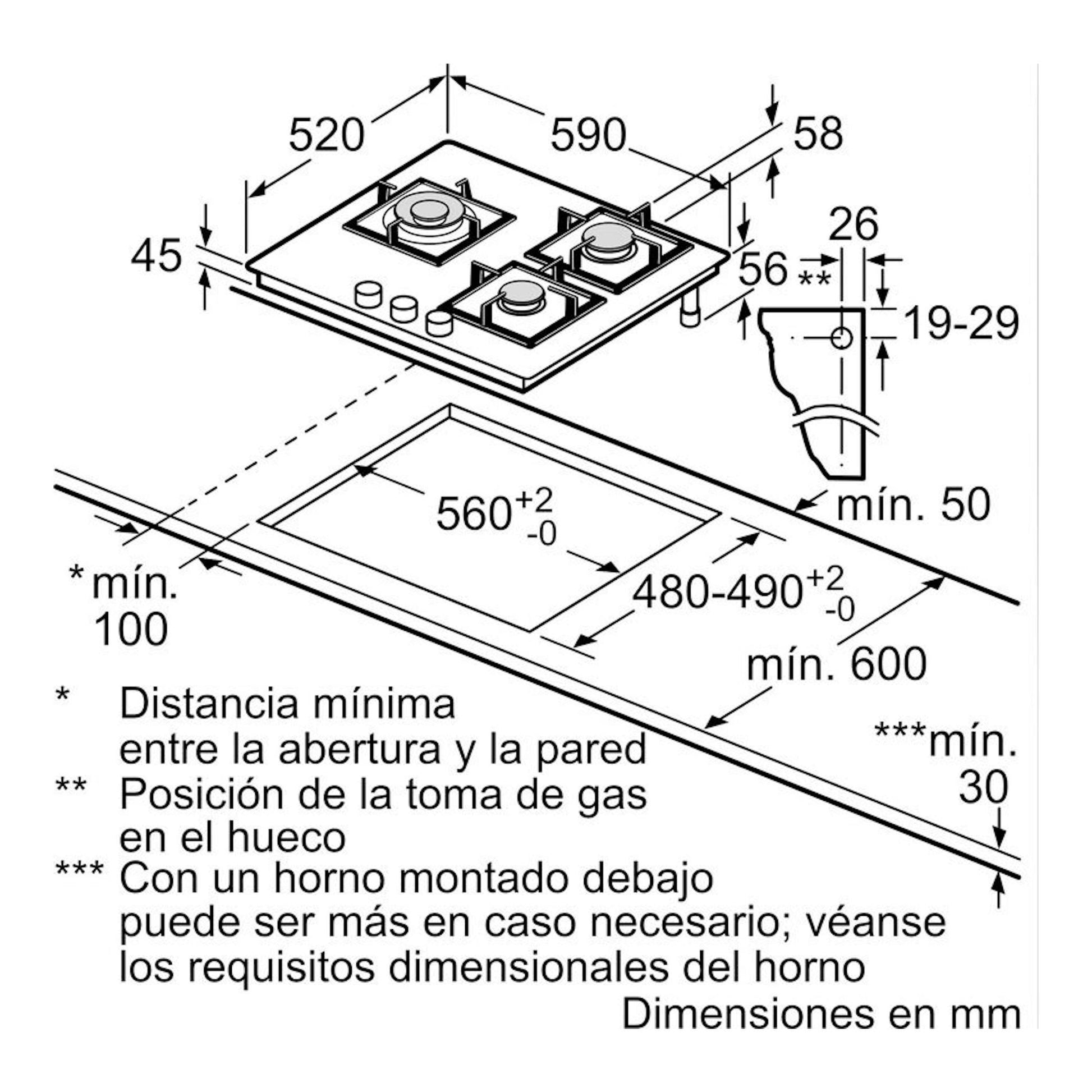 Bosch PPC6A6I10: esquema técnico en blanco y negro de placa de gas de 60 cm con medidas de encastre.