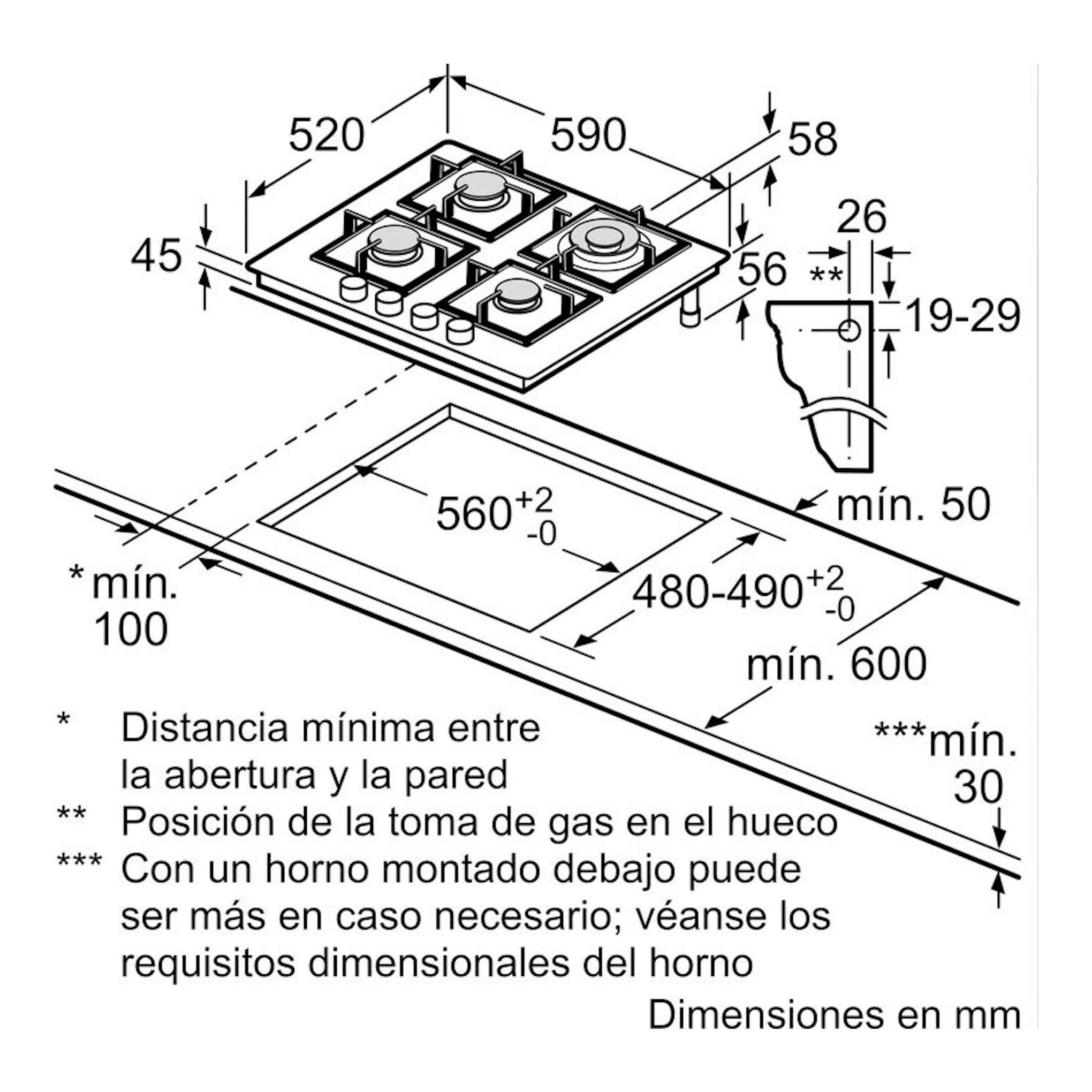 Bosch PPH6A6I10: esquema técnico en blanco y negro, vista isométrica de placa de gas de 60 cm con medidas.