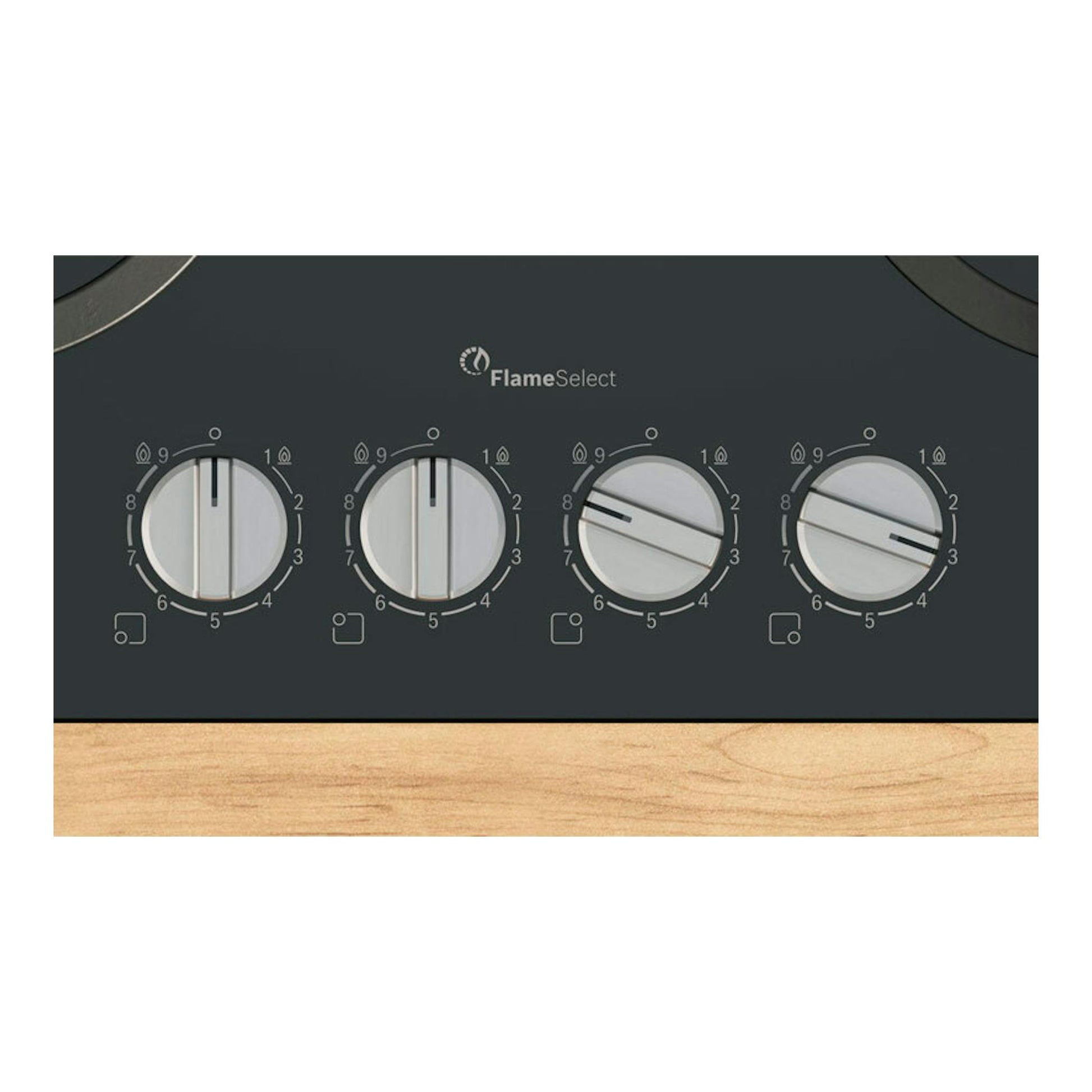 Placa de gas Bosch PPH6A6I10 negra, vista frontal parcial, con cuatro mandos plateados y FlameSelect.