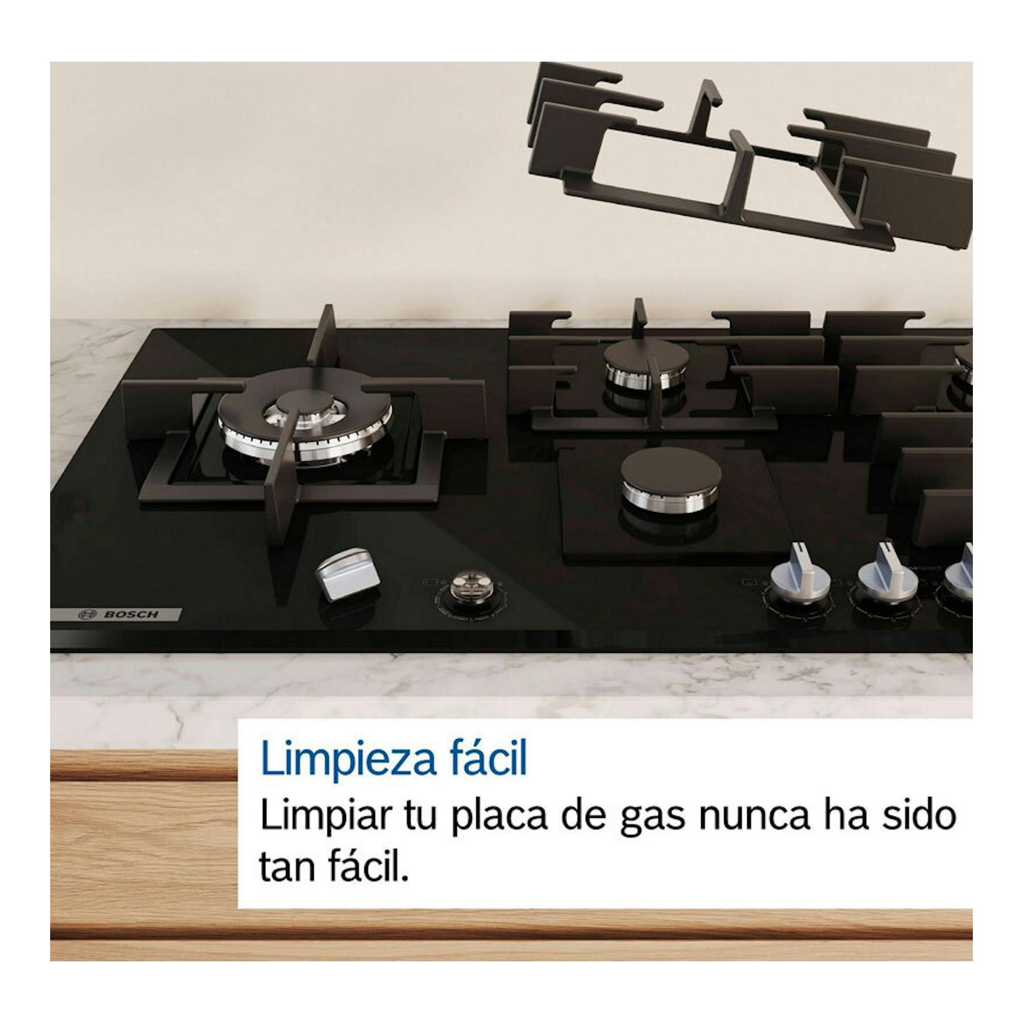 Placa de gas Bosch PPP6A6I10 de cristal negro, vista frontal con cinco quemadores.