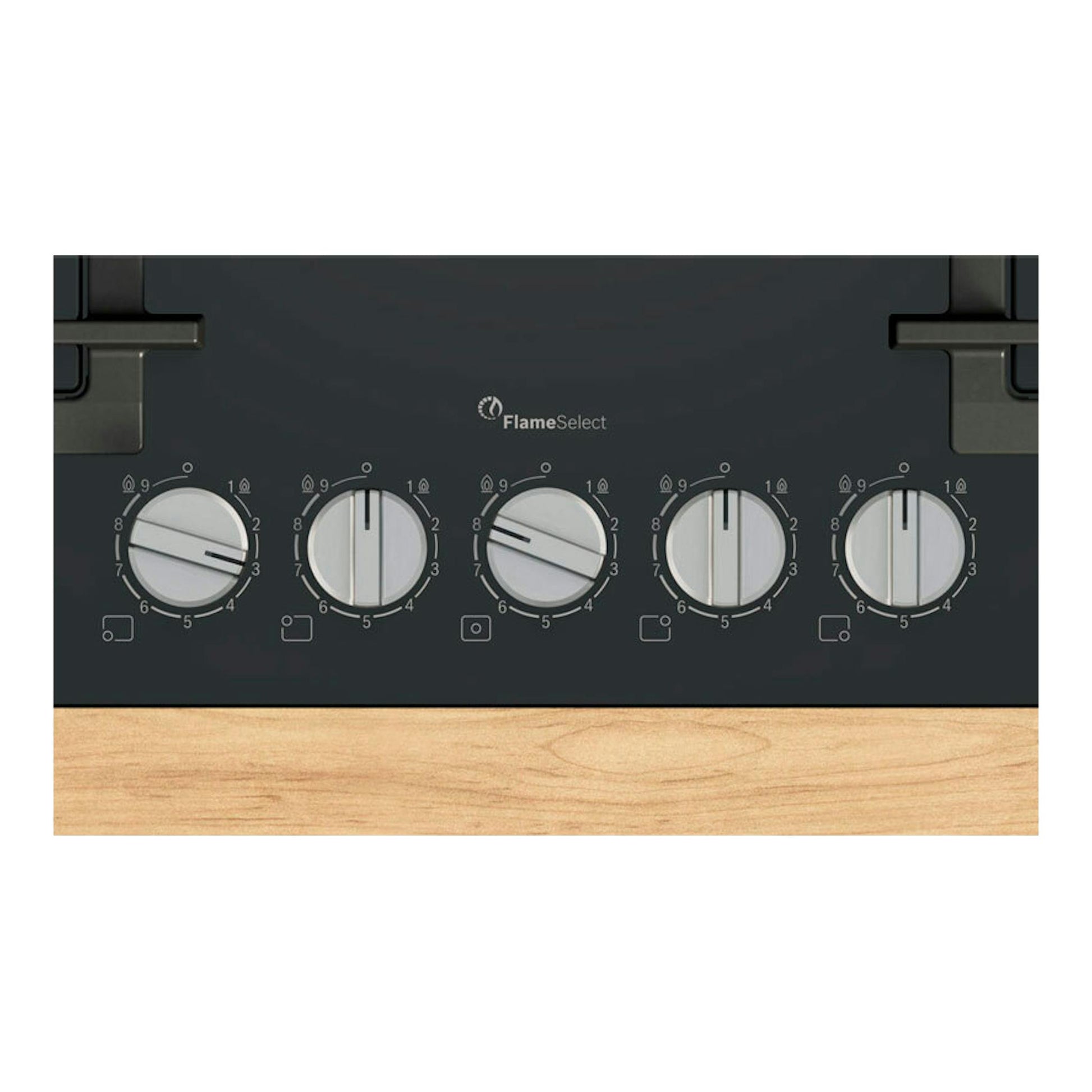 Placa de gas Bosch PPQ7A6I40 de 75 cm, negra, vista frontal parcial con 5 mandos y FlameSelect.