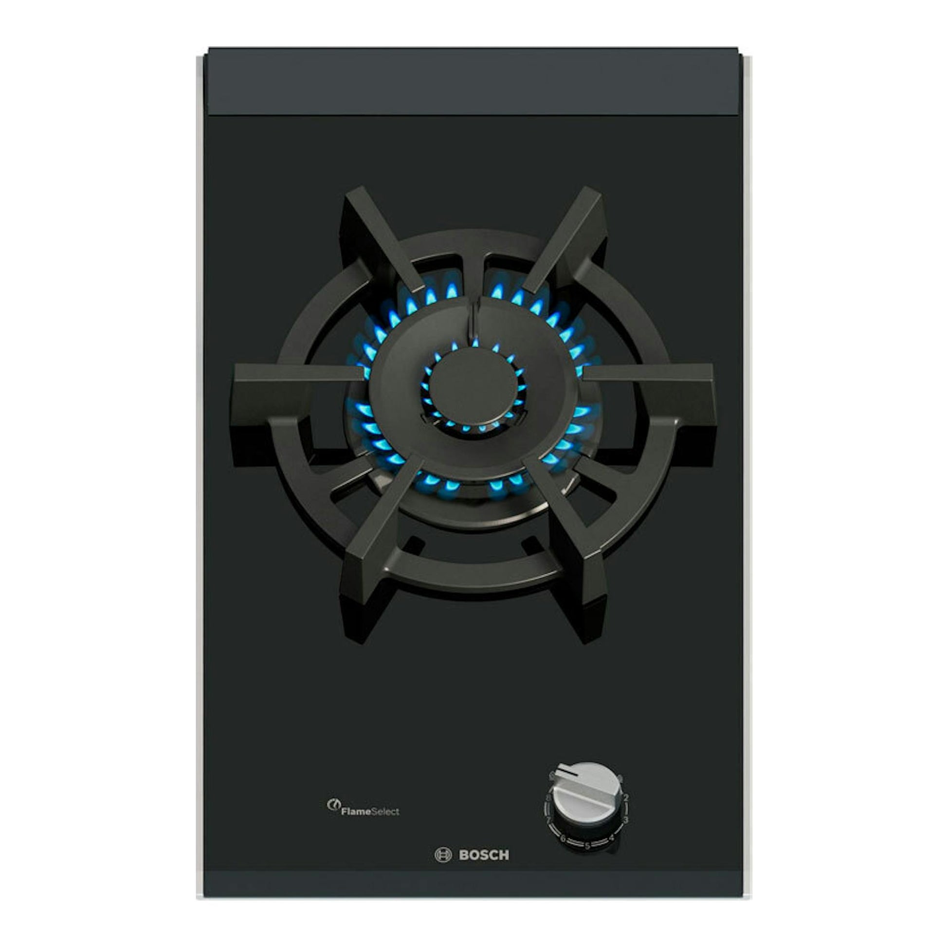 Placa de gas Bosch PRA3A6I10 de cristal negro, vista frontal, con quemador central encendido y mando giratorio.