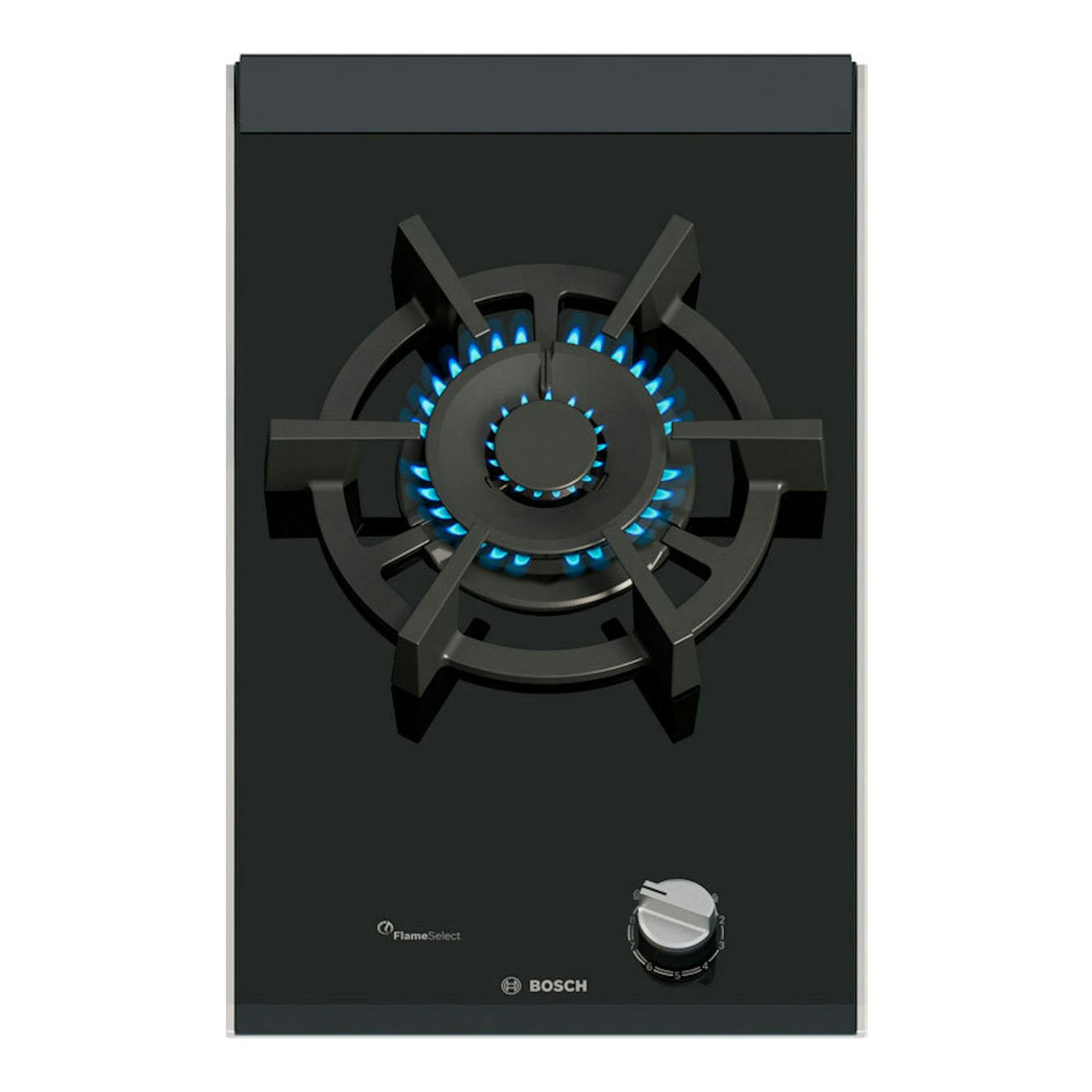 Placa de gas Bosch PRA3A6I10 de cristal negro, vista frontal, con quemador central encendido y mando giratorio.