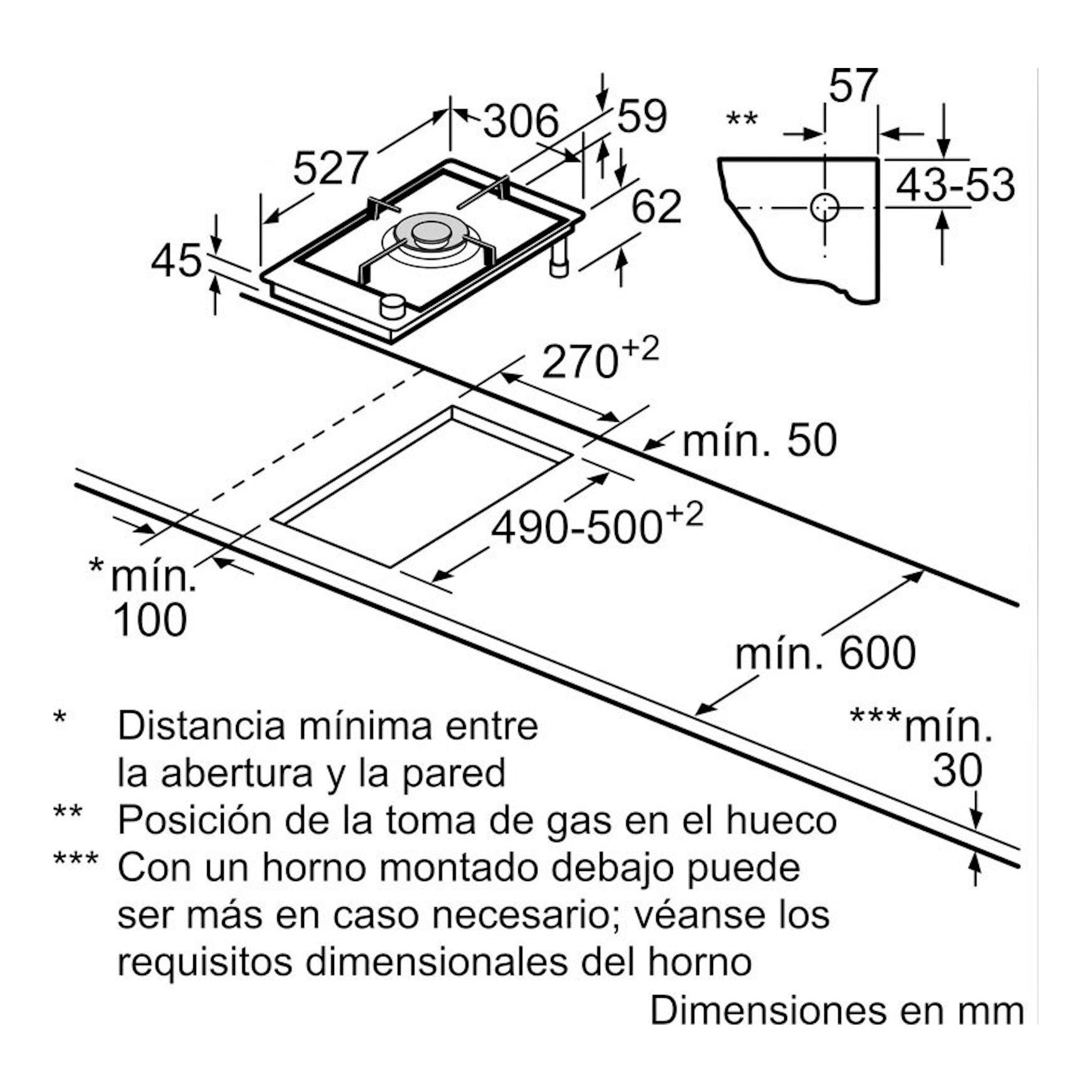 Bosch PRA3A6I10: esquema técnico en blanco y negro de placa de gas 30 cm, vista isométrica con medidas y hueco.