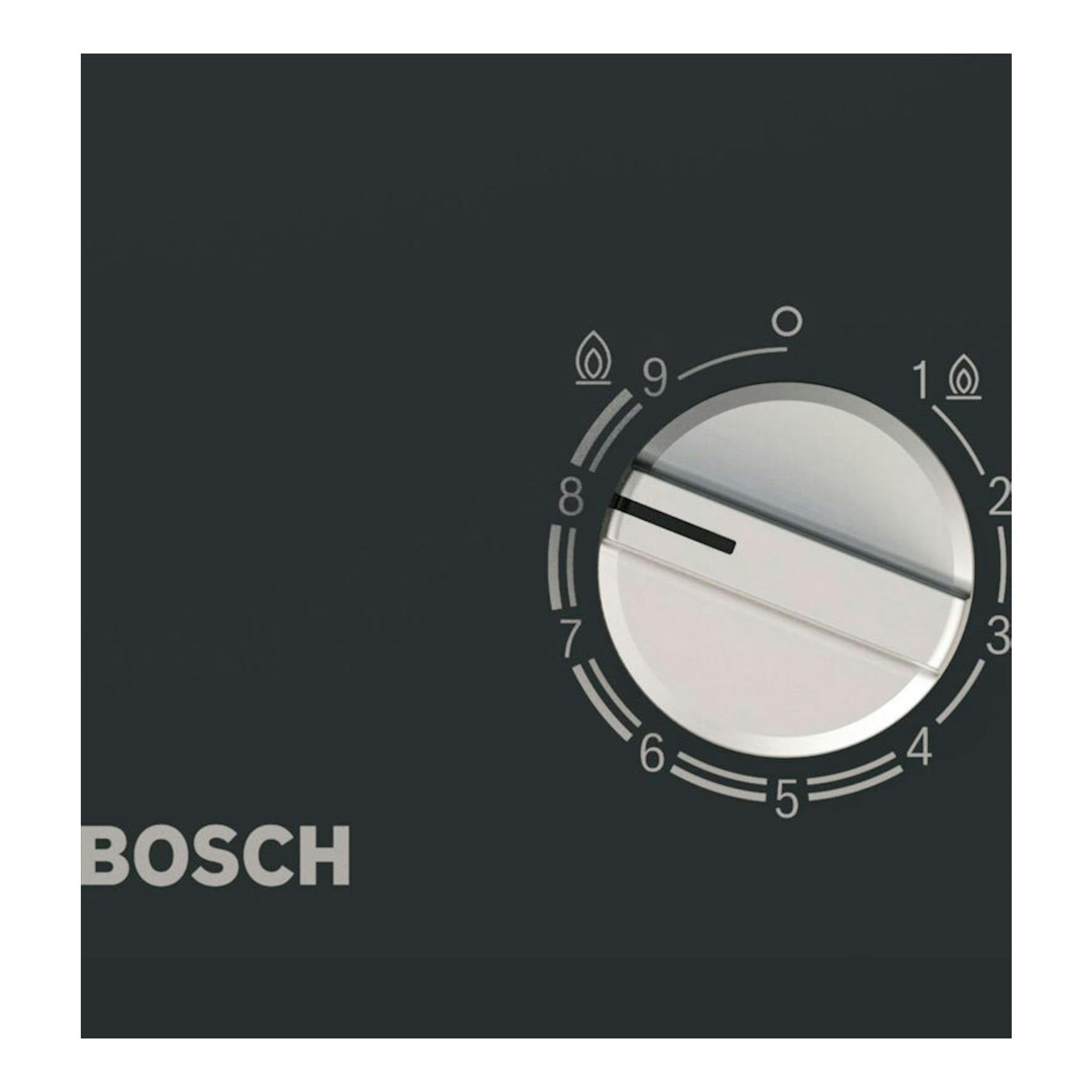 Placa de cristal Bosch PRA3A6I10 negra, vista frontal, con mando circular y escala de potencia.