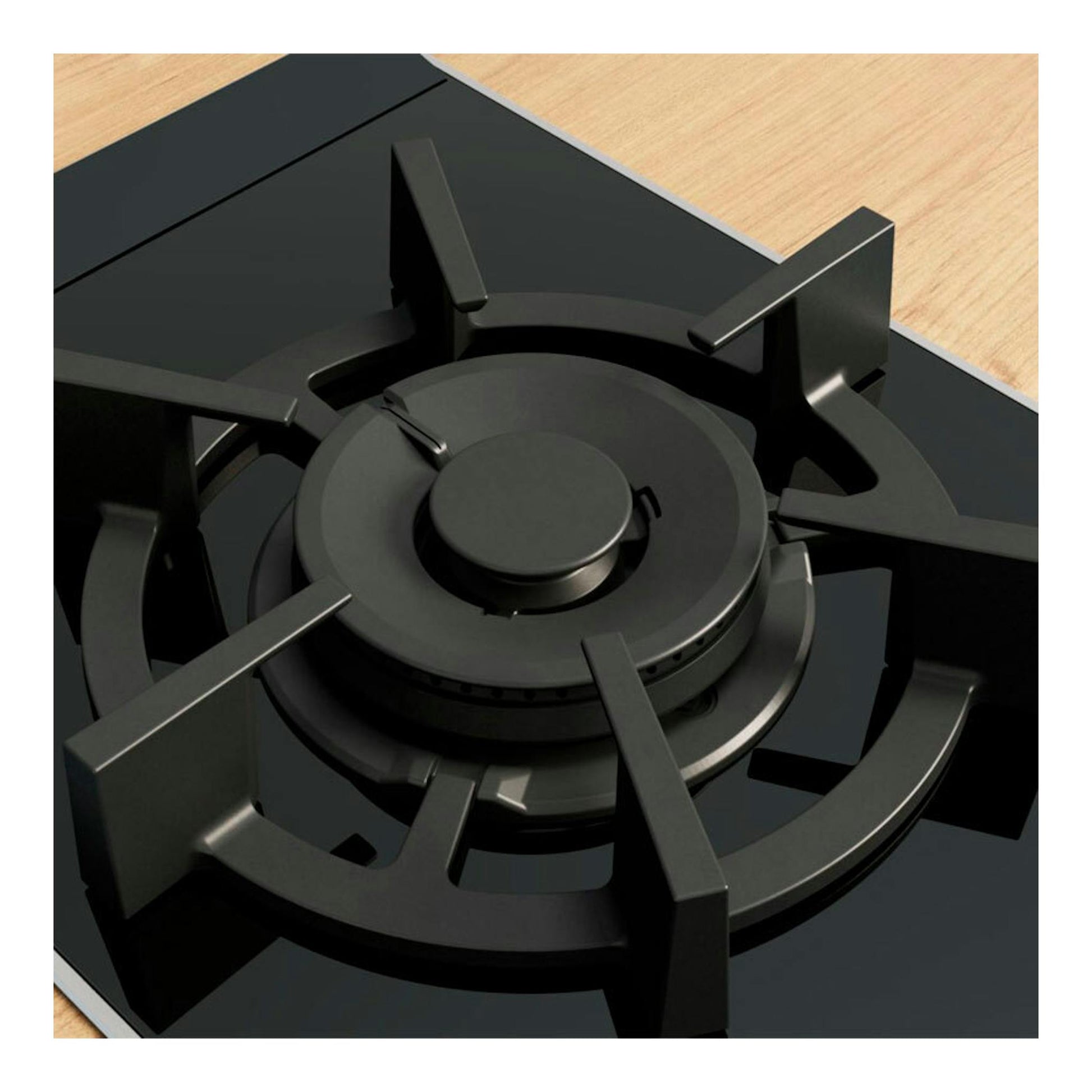 Placa de gas Bosch PRA3A6I10 de 30 cm, negra, vista en ángulo superior, con un quemador sobre cristal negro.