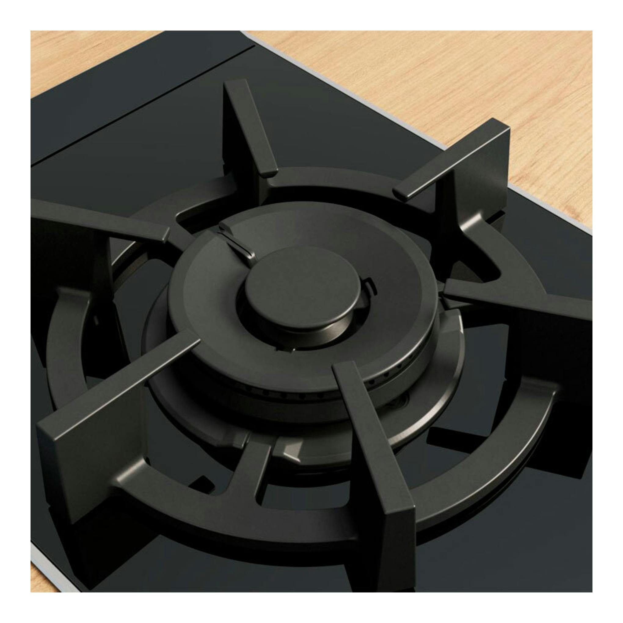 Placa de gas Bosch PRA3A6I10 de 30 cm, negra, vista en ángulo superior, con un quemador sobre cristal negro.