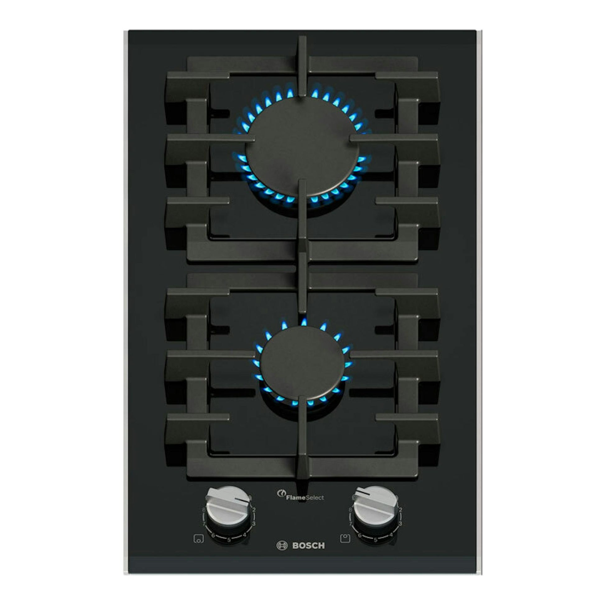 Placa de gas Bosch PRB3A6I40 de cristal negro, vista frontal, con 2 quemadores y mandos plateados.