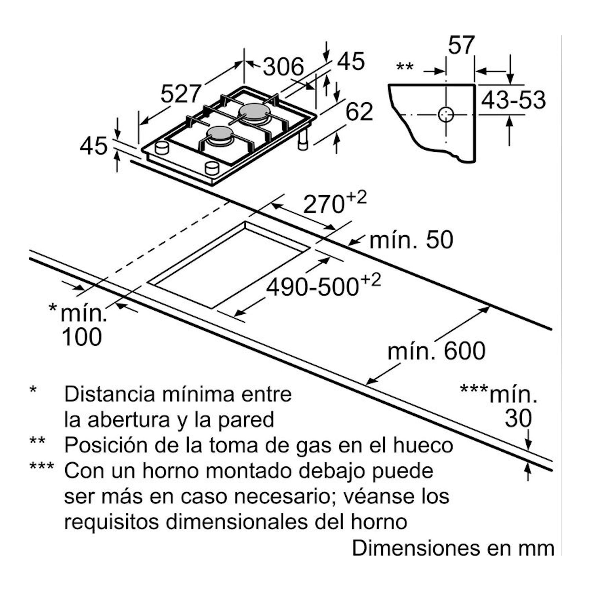 Bosch PRB3A6I40, diagrama técnico de instalación de placa de gas negra, con medidas y hueco en mm.
