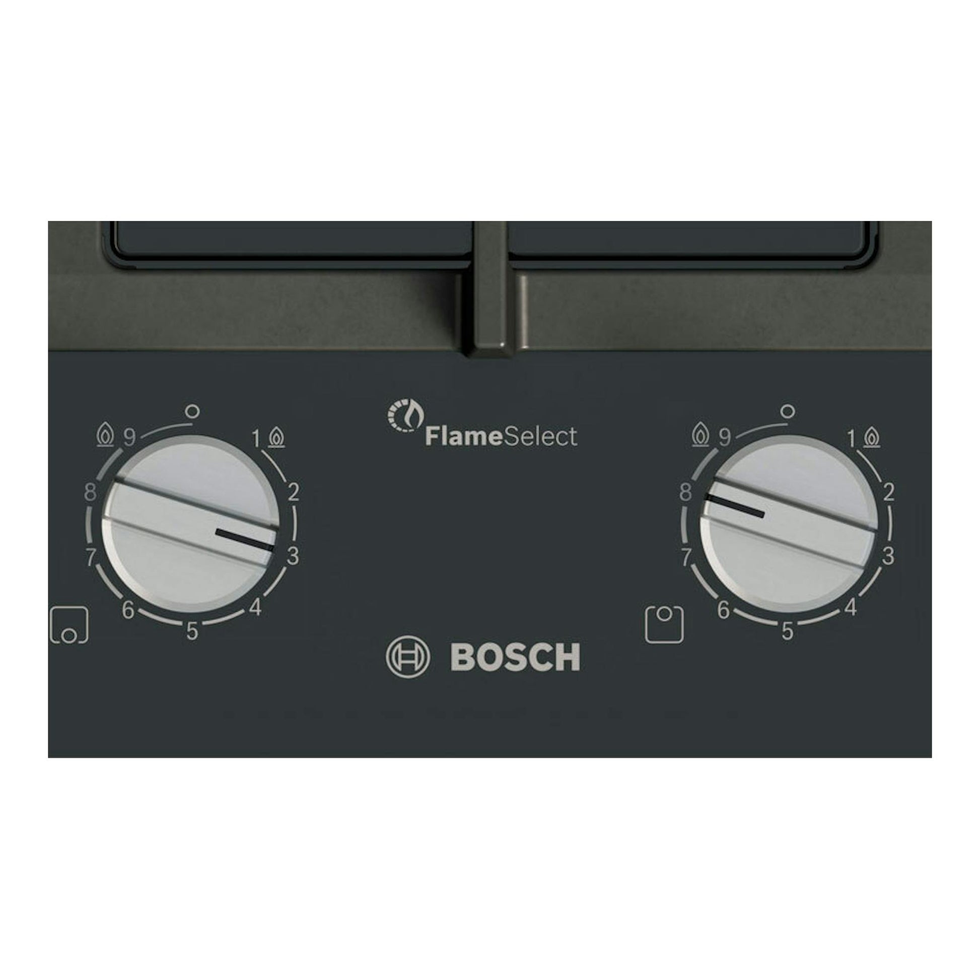 Placa Bosch PRB3A6I40 de cristal negro, vista frontal, 30 cm, con dos mandos plateados y FlameSelect.