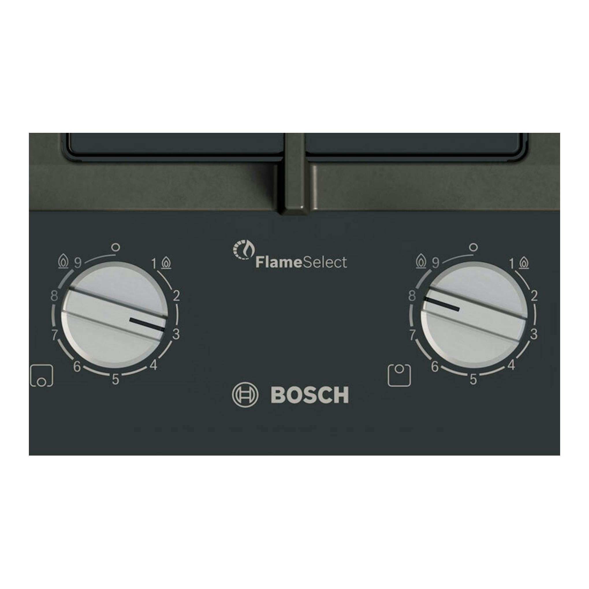 Placa Bosch PRB3A6I40 de cristal negro, vista frontal, 30 cm, con dos mandos plateados y FlameSelect.