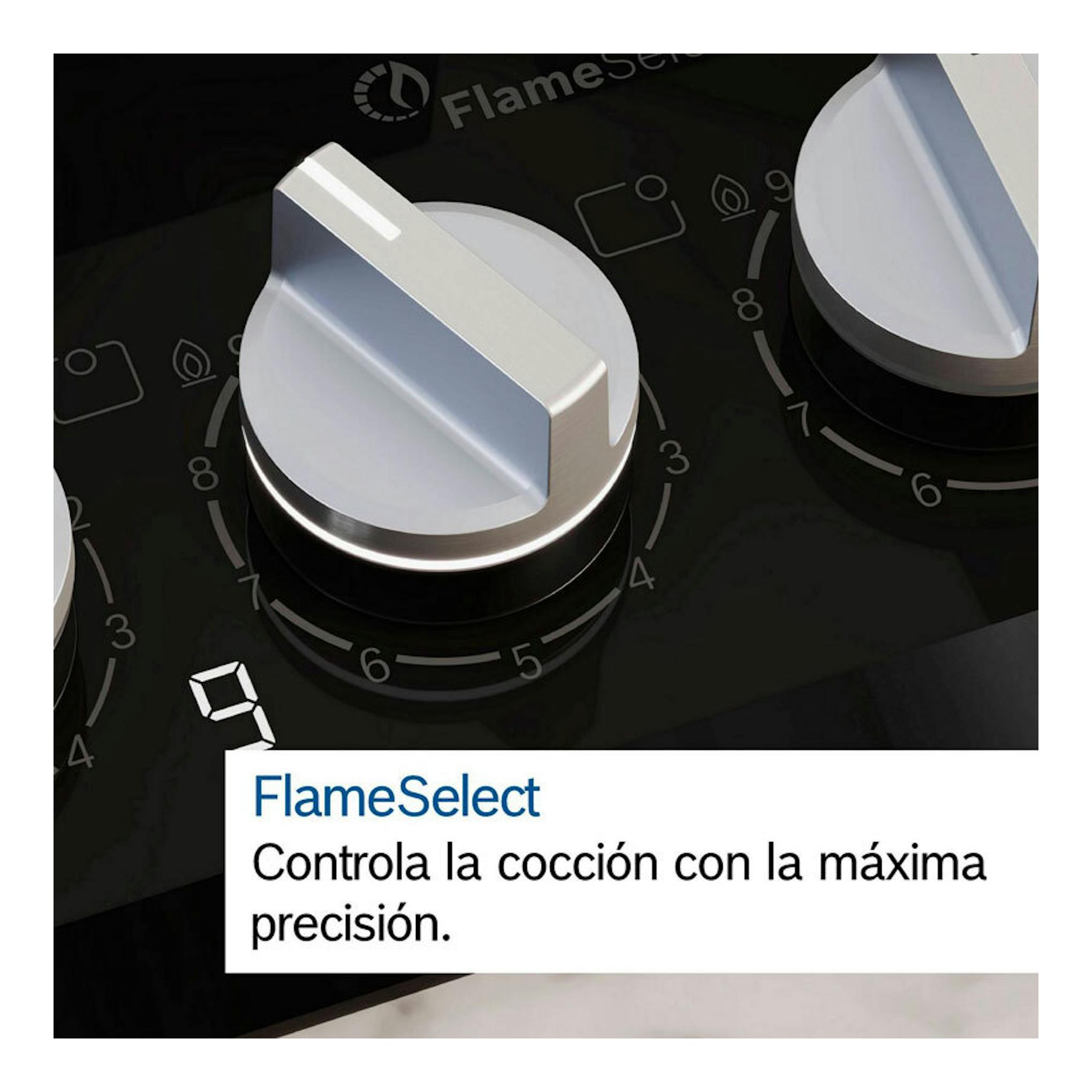 Placa de gas Bosch PRB3A6I40 de cristal negro, primer plano de mandos metálicos y texto FlameSelect.