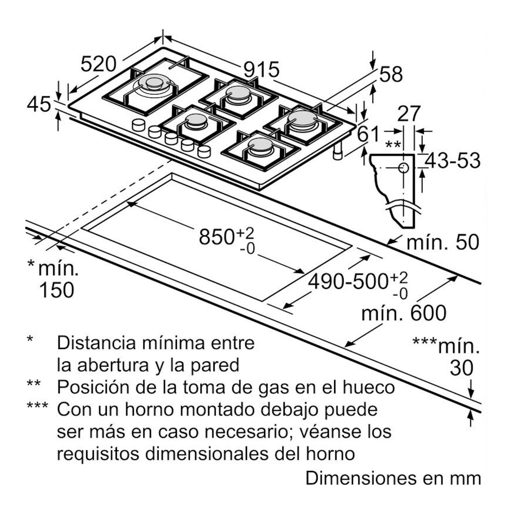 Bosch PRS9A6H40: plano técnico de placa de gas de cristal negra de 90 cm con medidas de instalación.