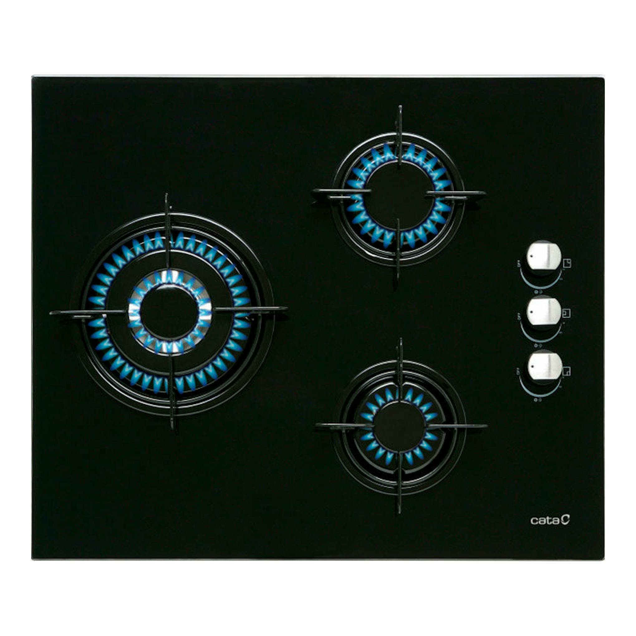 Placa de gas Cata CI6021BK de cristal negro, vista frontal, con 3 quemadores y mandos laterales derechos.