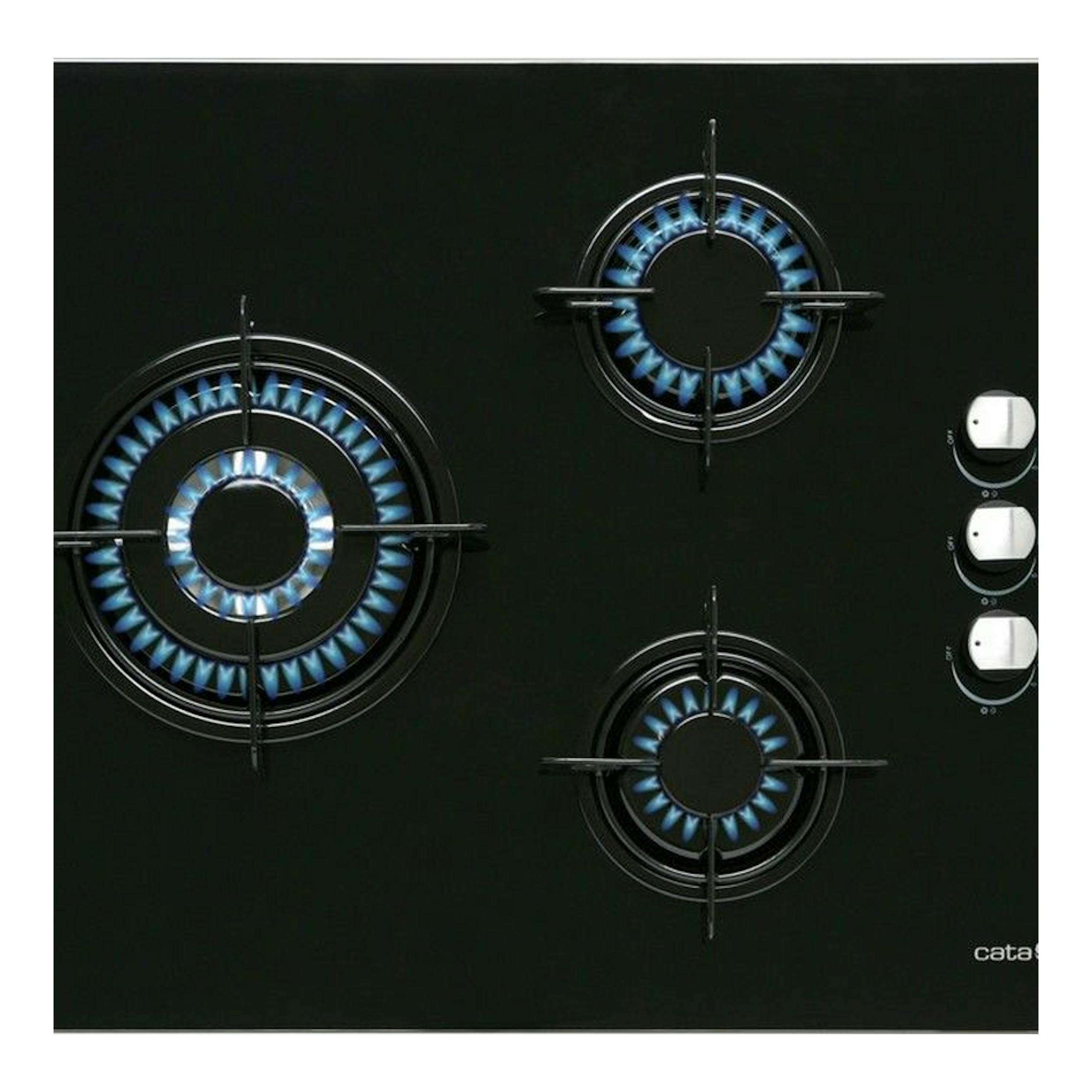 Placa de cristal Cata CIB6021BK negra, vista cenital, con tres quemadores y tres mandos laterales blancos.