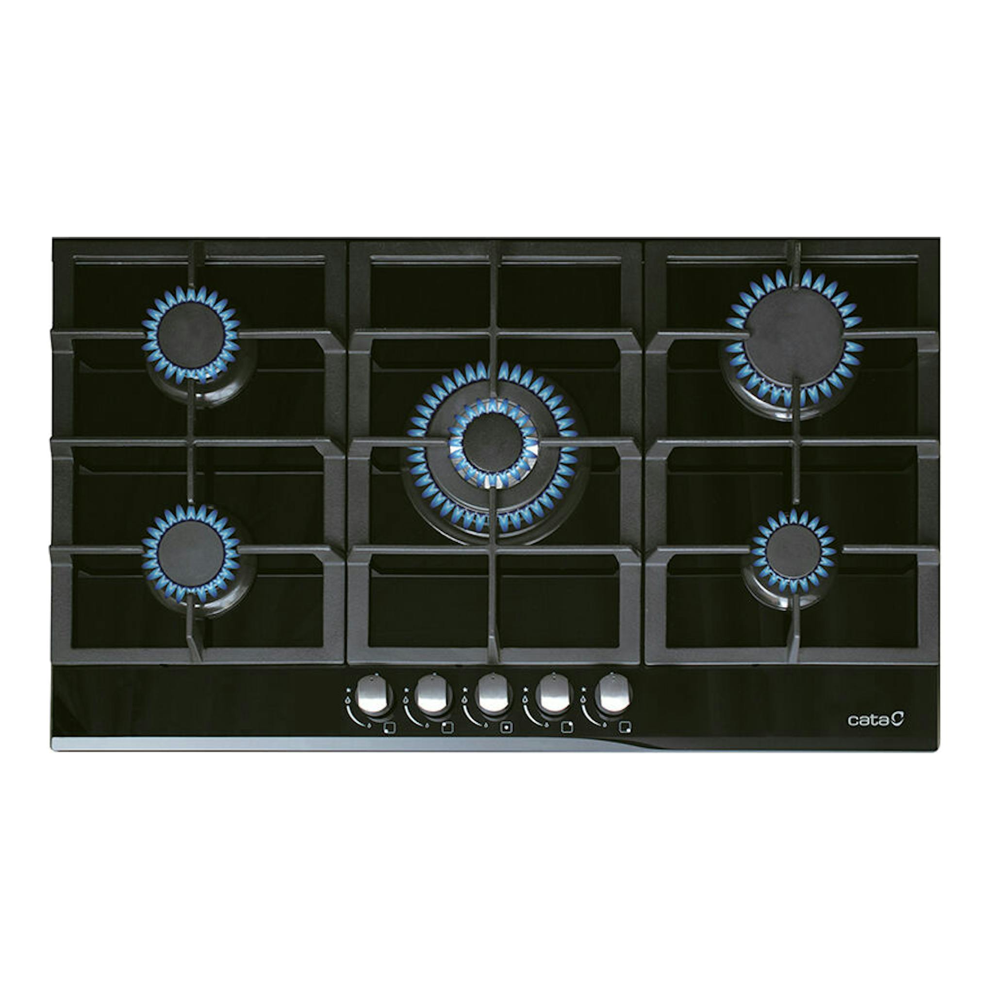 Placa de gas Cata LCI 9041 BK negra, vista frontal, con cinco quemadores y mandos frontales.