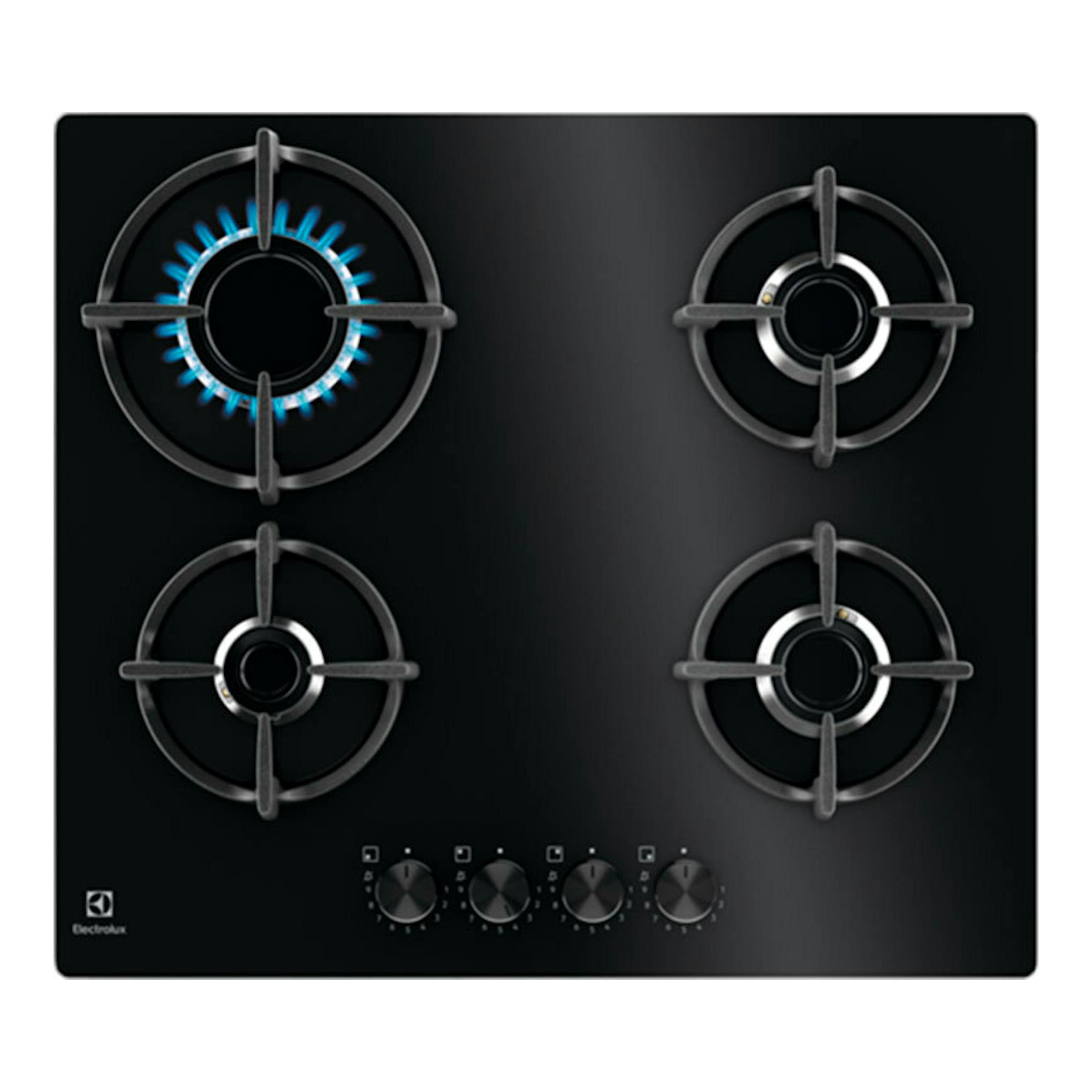 Placa de gas Electrolux EGG64272K negra, vista frontal, con 4 quemadores y mandos inferiores.