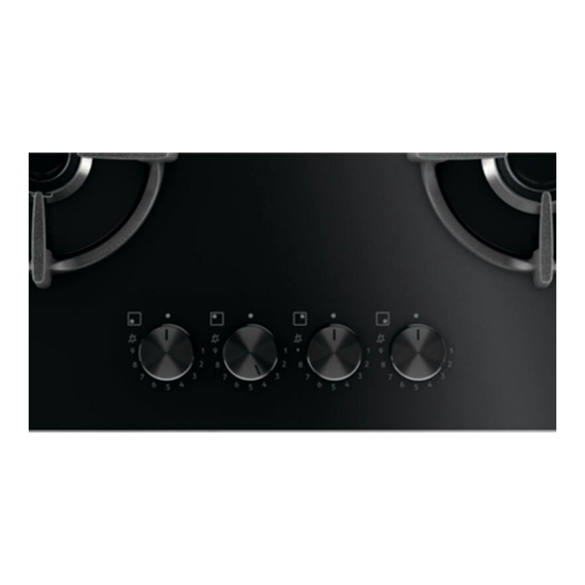 Placa de gas Electrolux EGG64272K de cristal negro, vista frontal, con cuatro mandos y quemadores parciales.