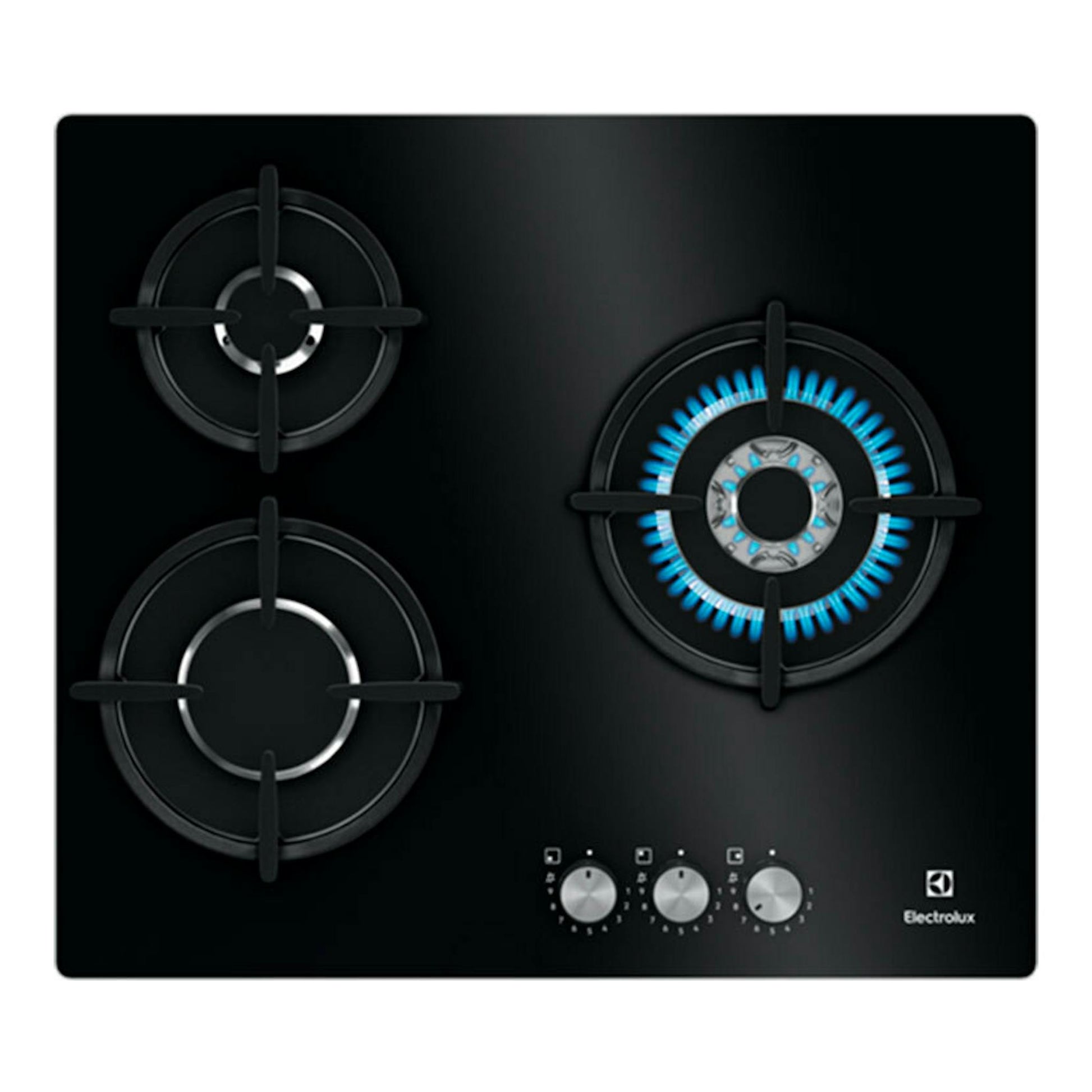 Placa de gas negra de cristal Electrolux KGE6633NOK, vista frontal, con 3 quemadores y mandos plateados.