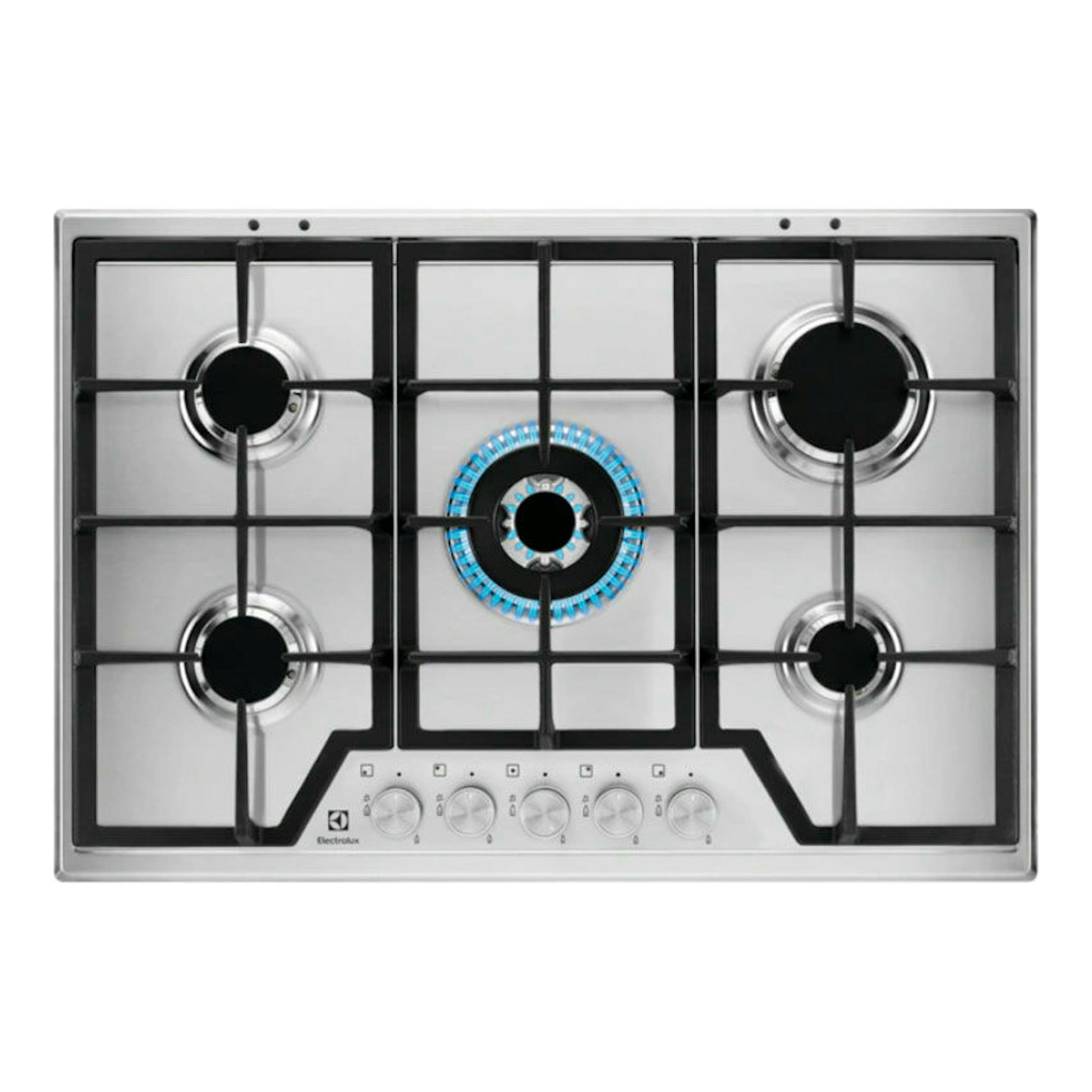 Placa de gas Electrolux KGS7536SX de acero inoxidable, vista superior, con cinco quemadores y mandos frontales.