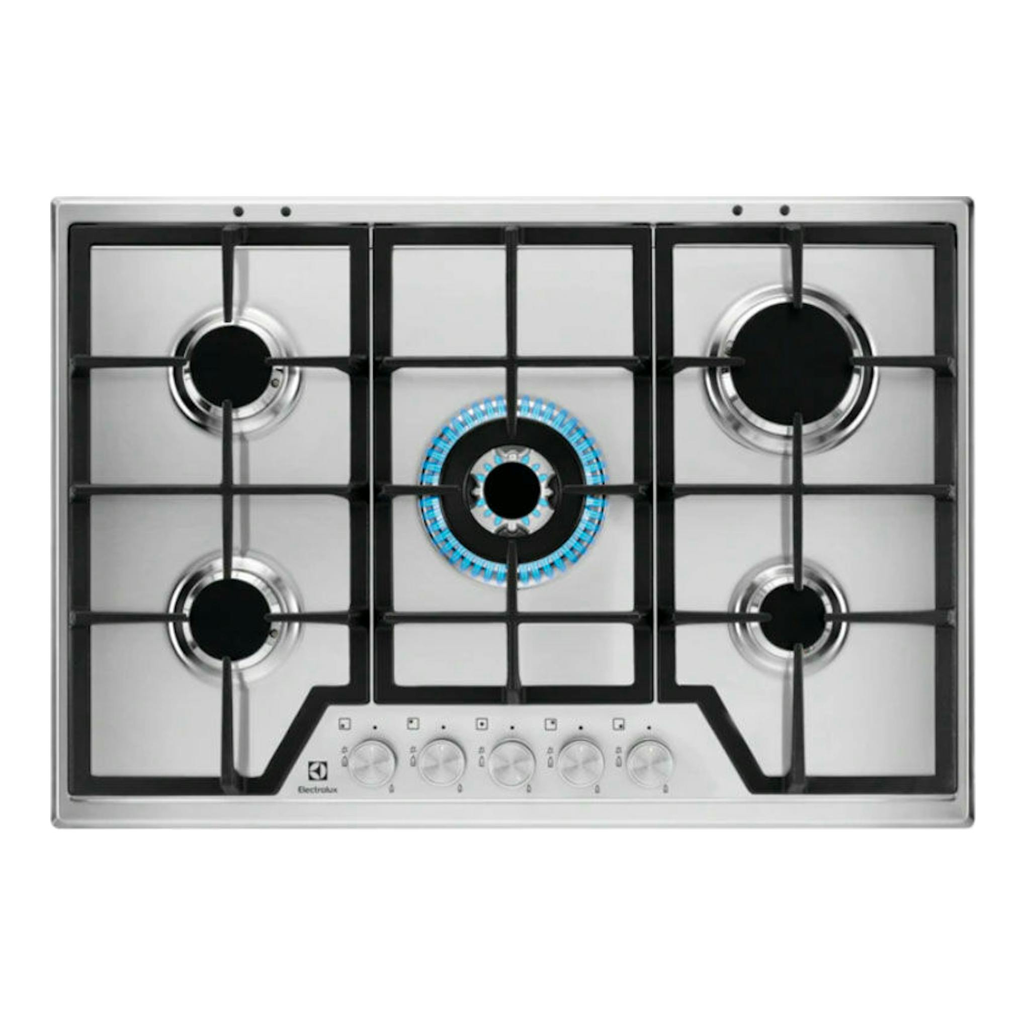 Placa de gas Electrolux KGS7536SX de acero inoxidable, vista superior, con cinco quemadores y mandos frontales.