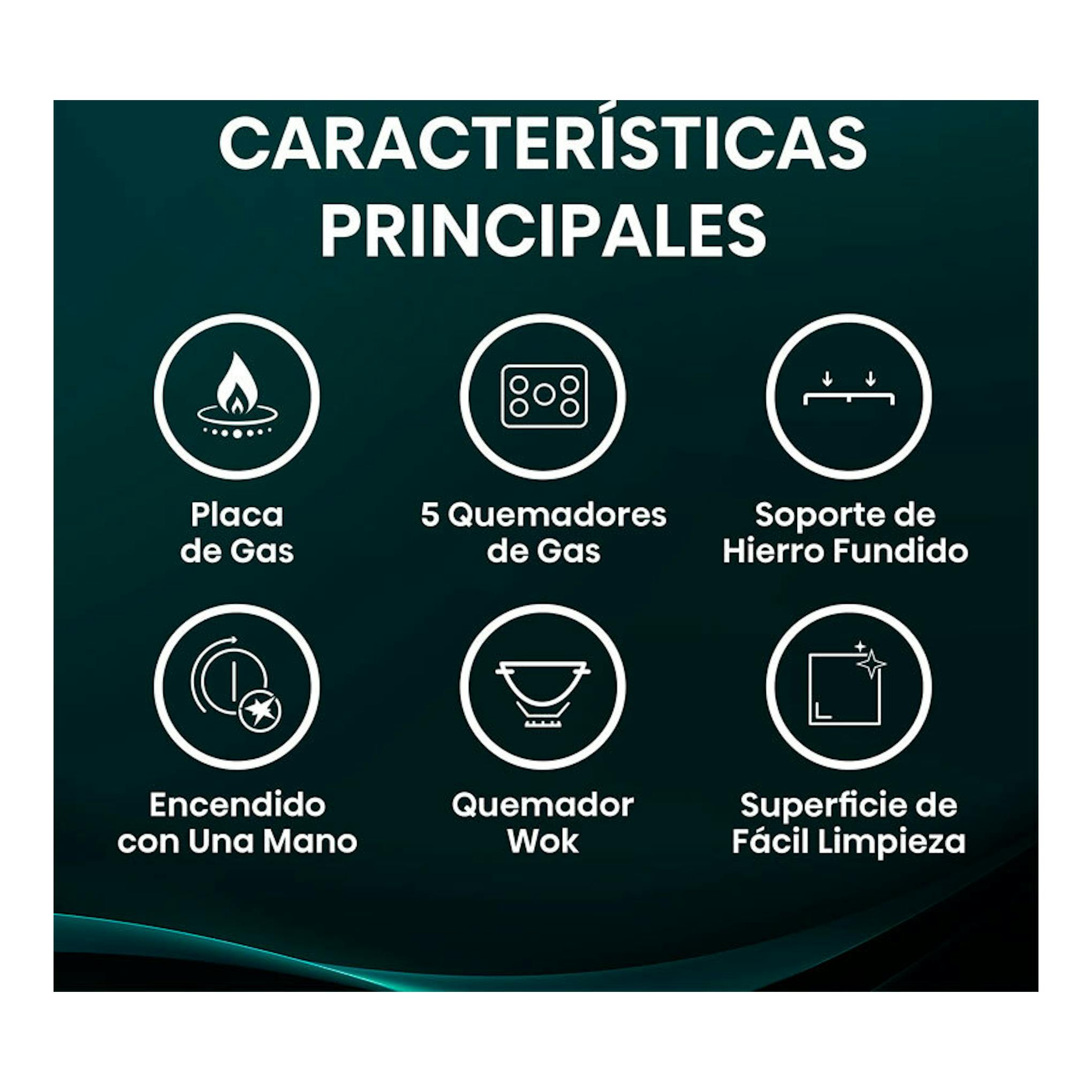 Infografía de placa de gas Hisense GG773B, con 5 quemadores, soporte de hierro fundido y limpieza fácil.