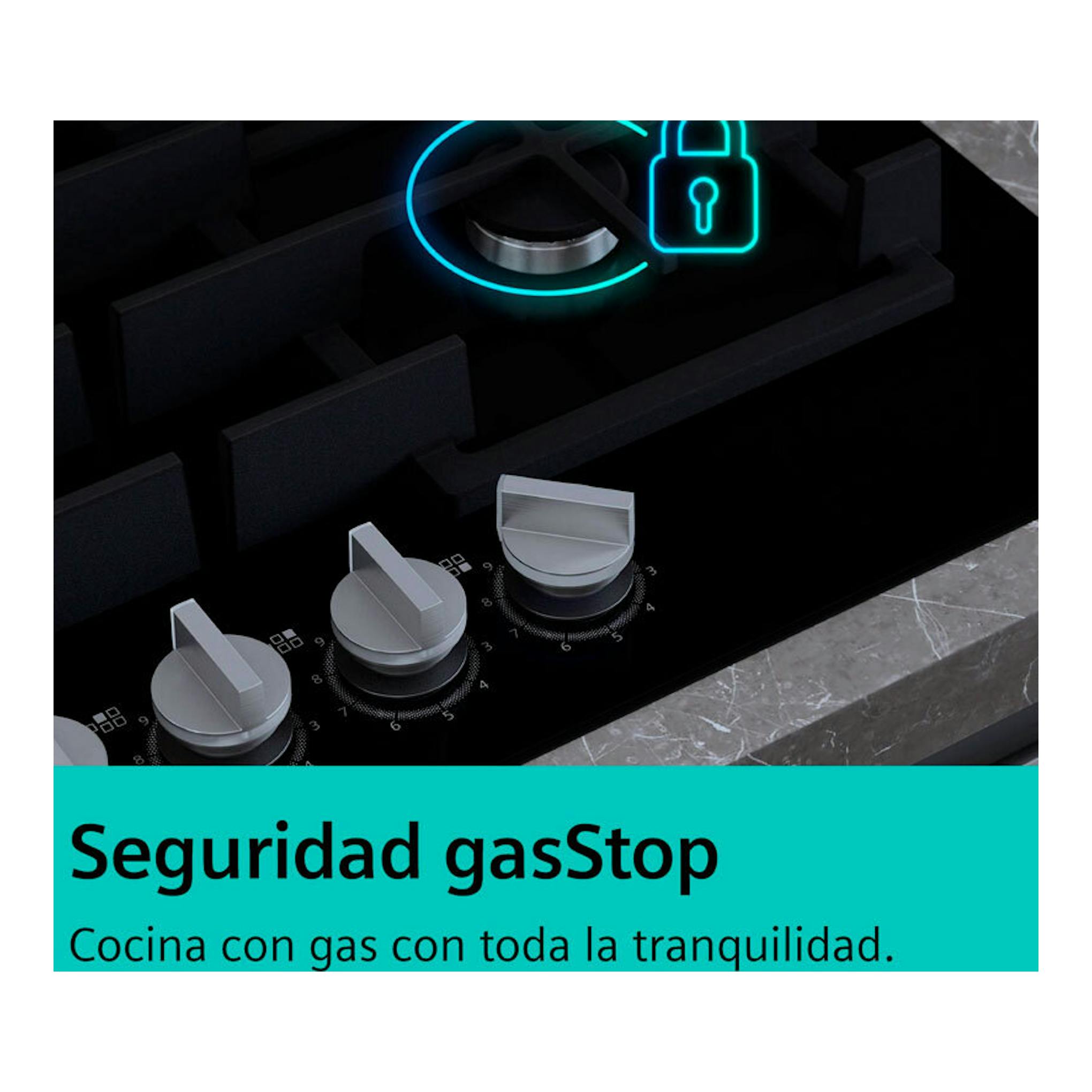 Placa de gas Siemens EP6A6CI10 negra, vista en ángulo, con mandos metálicos y texto de seguridad gasStop.