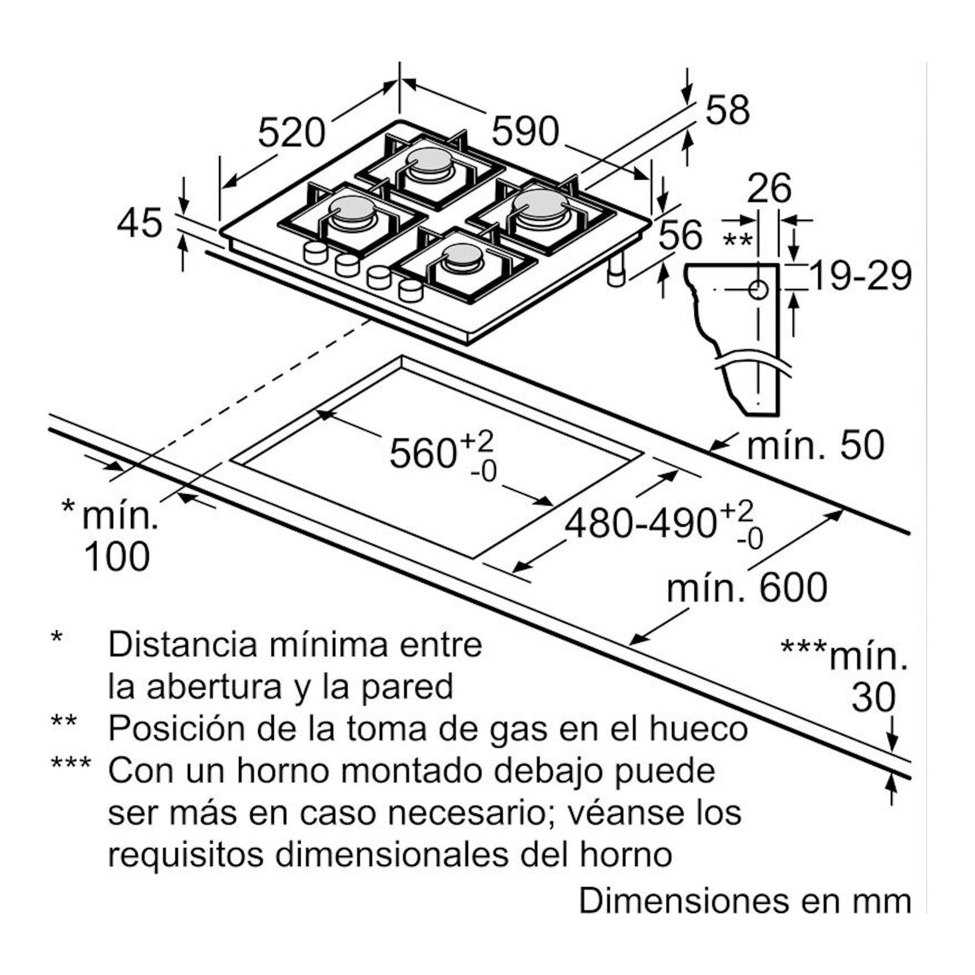 Esquema técnico en blanco y negro de placa de gas Siemens EP6A6PI10 con medidas de instalación.