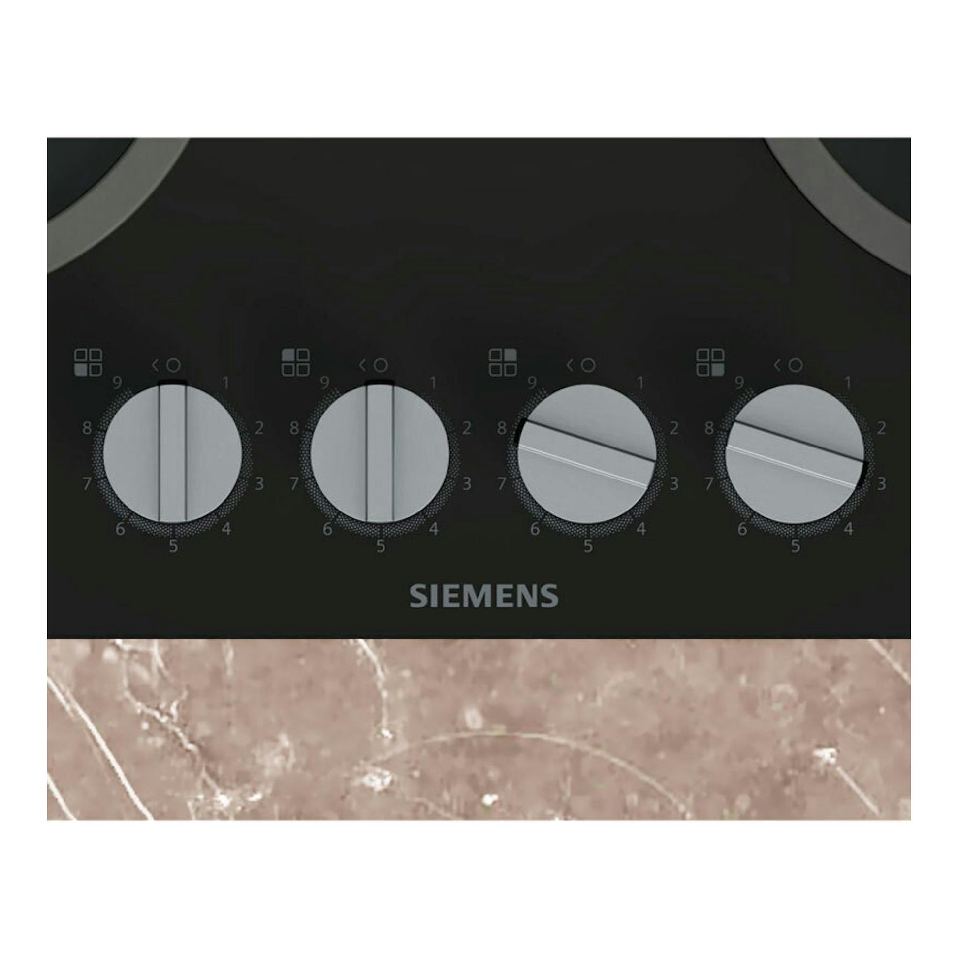 Placa de cristal Siemens EP6A6PI10 negra, vista frontal, con cuatro mandos circulares.