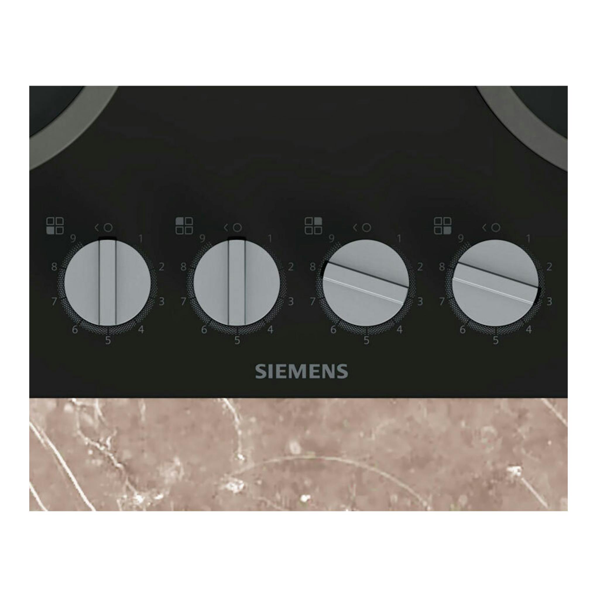 Placa de cristal Siemens EP6A6PI10 negra, vista frontal, con cuatro mandos circulares.