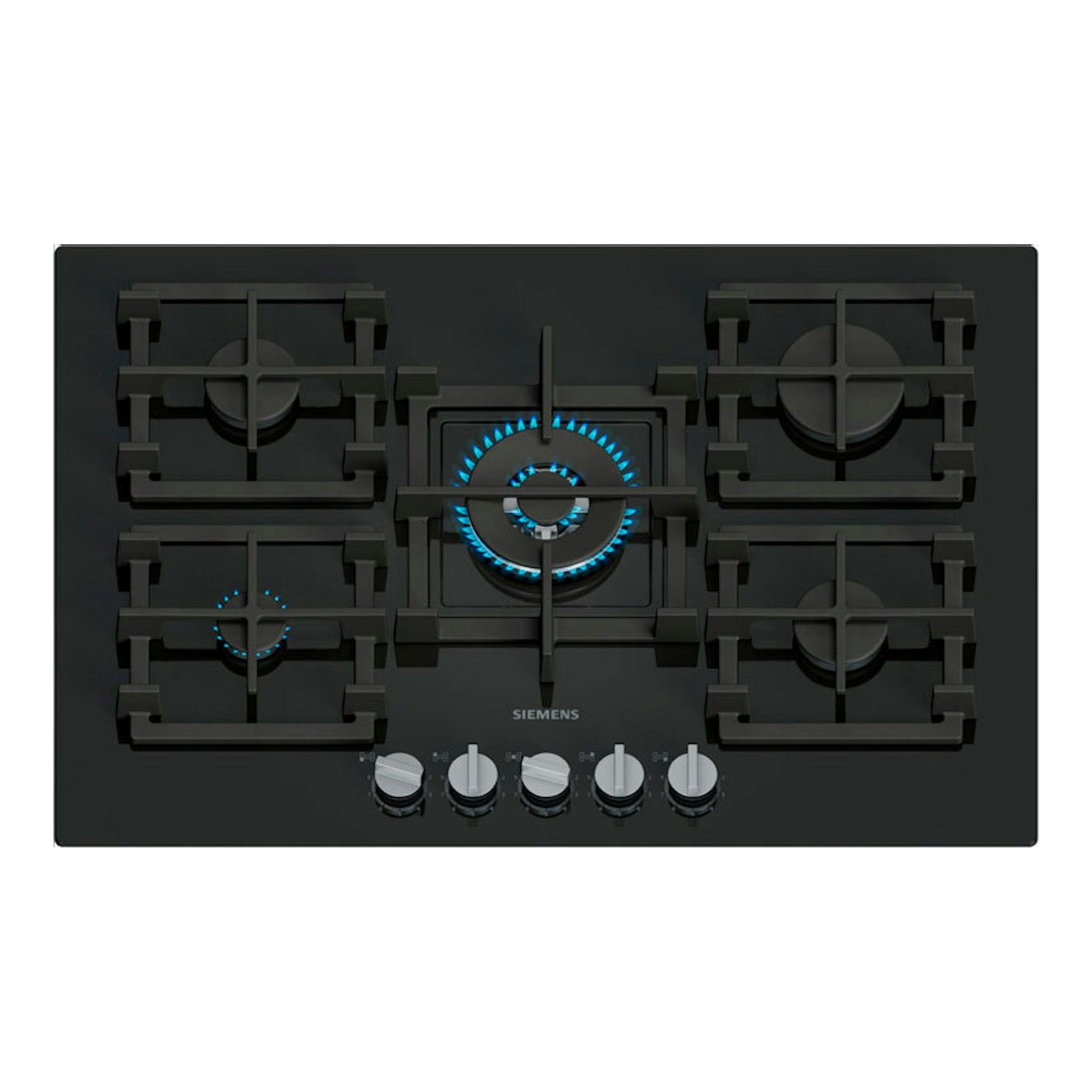 Placa de gas Siemens EP7A6QI40, vista superior, cristal negro, cinco quemadores y mandos frontales.