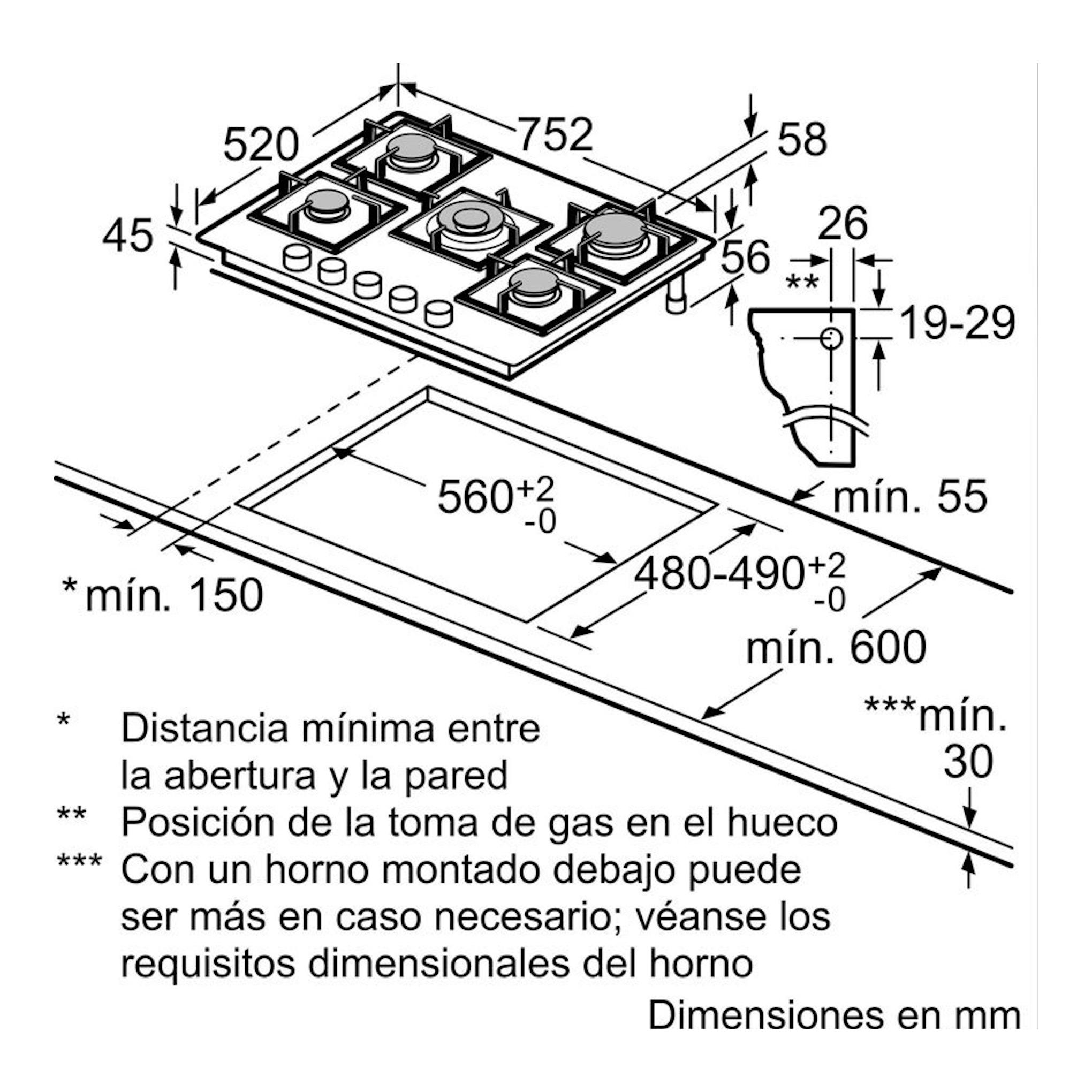 Esquema técnico de instalación de placa Siemens EP7A6QI40, vista superior con medidas en mm y hueco de encastre.
