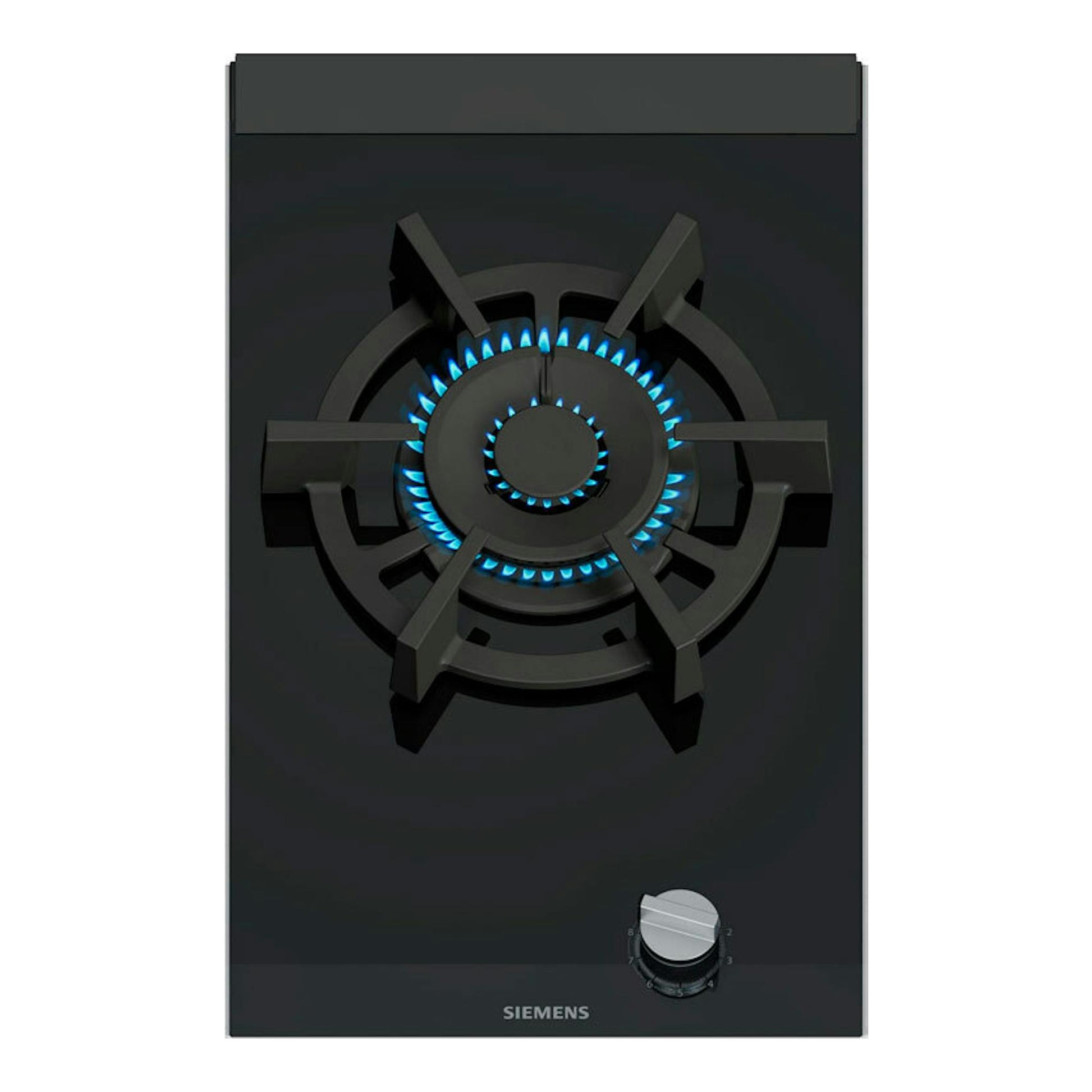 Placa de gas Siemens ER3A6AI10 de 30 cm, negra, vista frontal, con un quemador encendido y mando inferior.