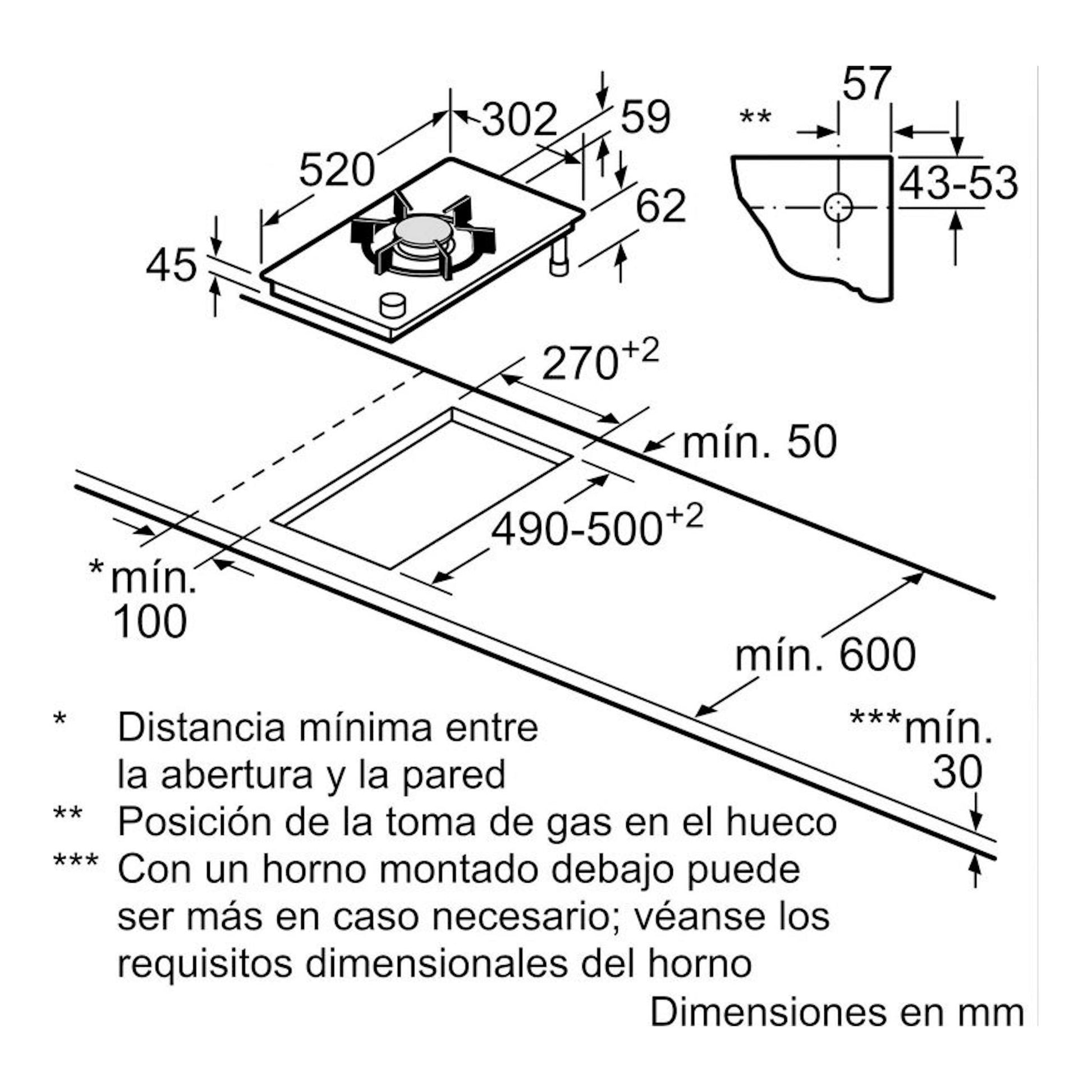 Diagrama técnico en blanco y negro de una placa cristal Siemens ER3A6AI10, vista isométrica con medidas en mm.